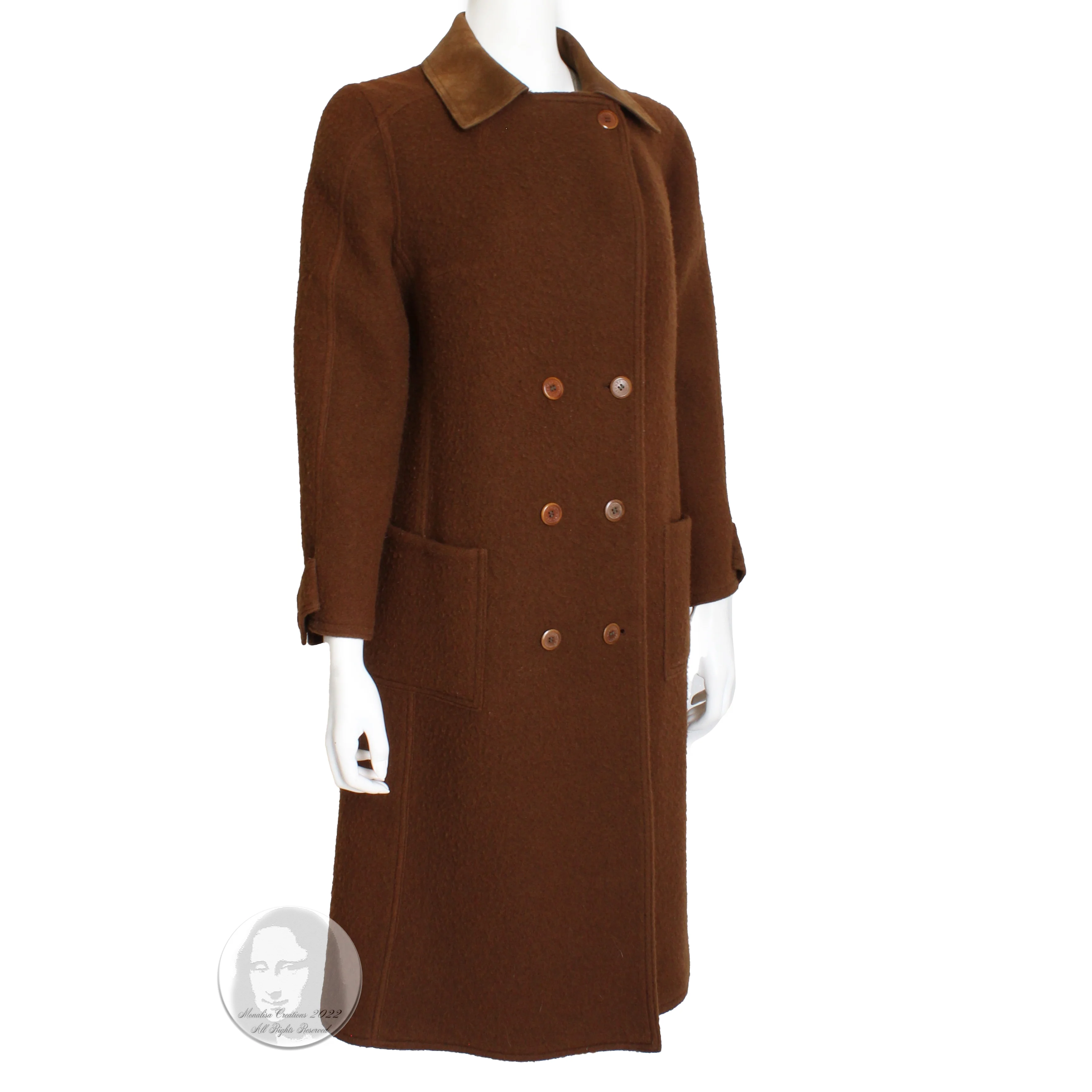 70s Wool Coat With Suede Leather Collar Trench Style By Hermes - Image 7