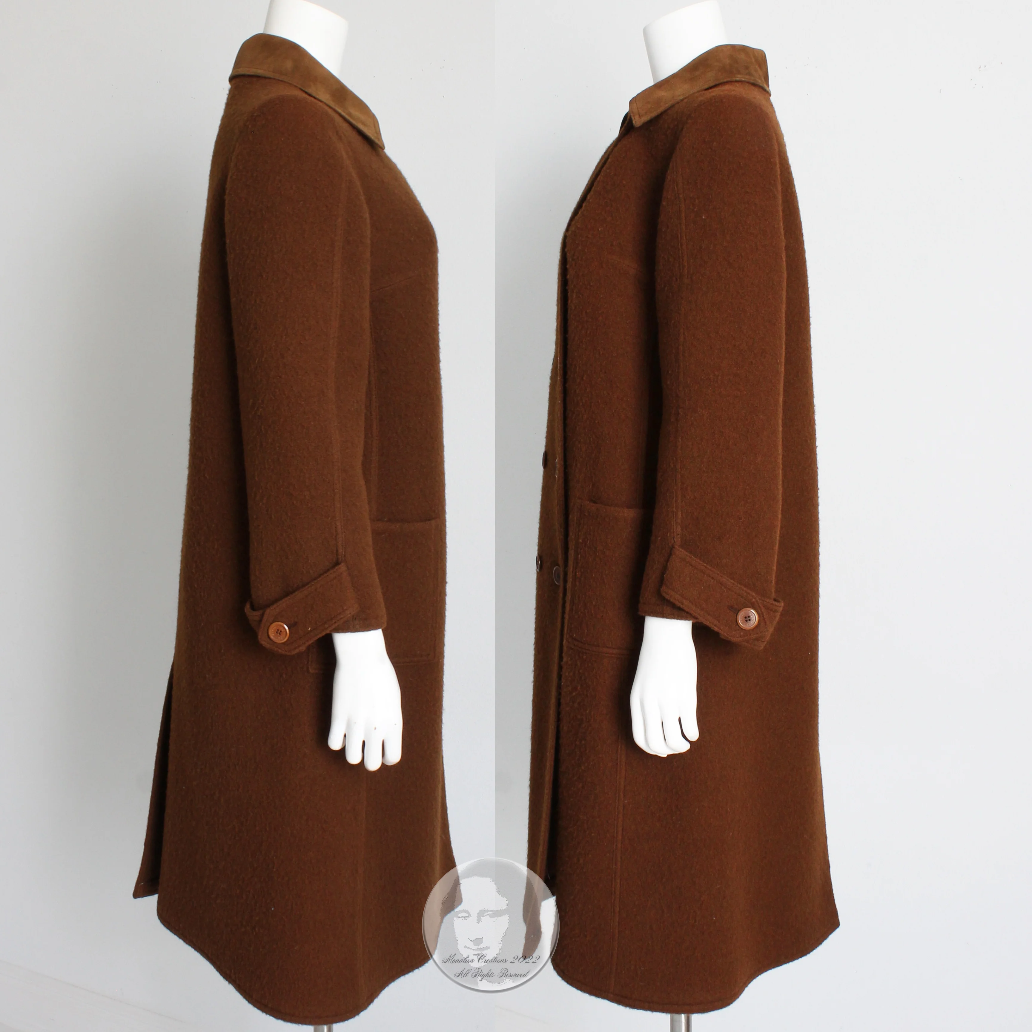 70s Wool Coat With Suede Leather Collar Trench Style By Hermes - Image 9