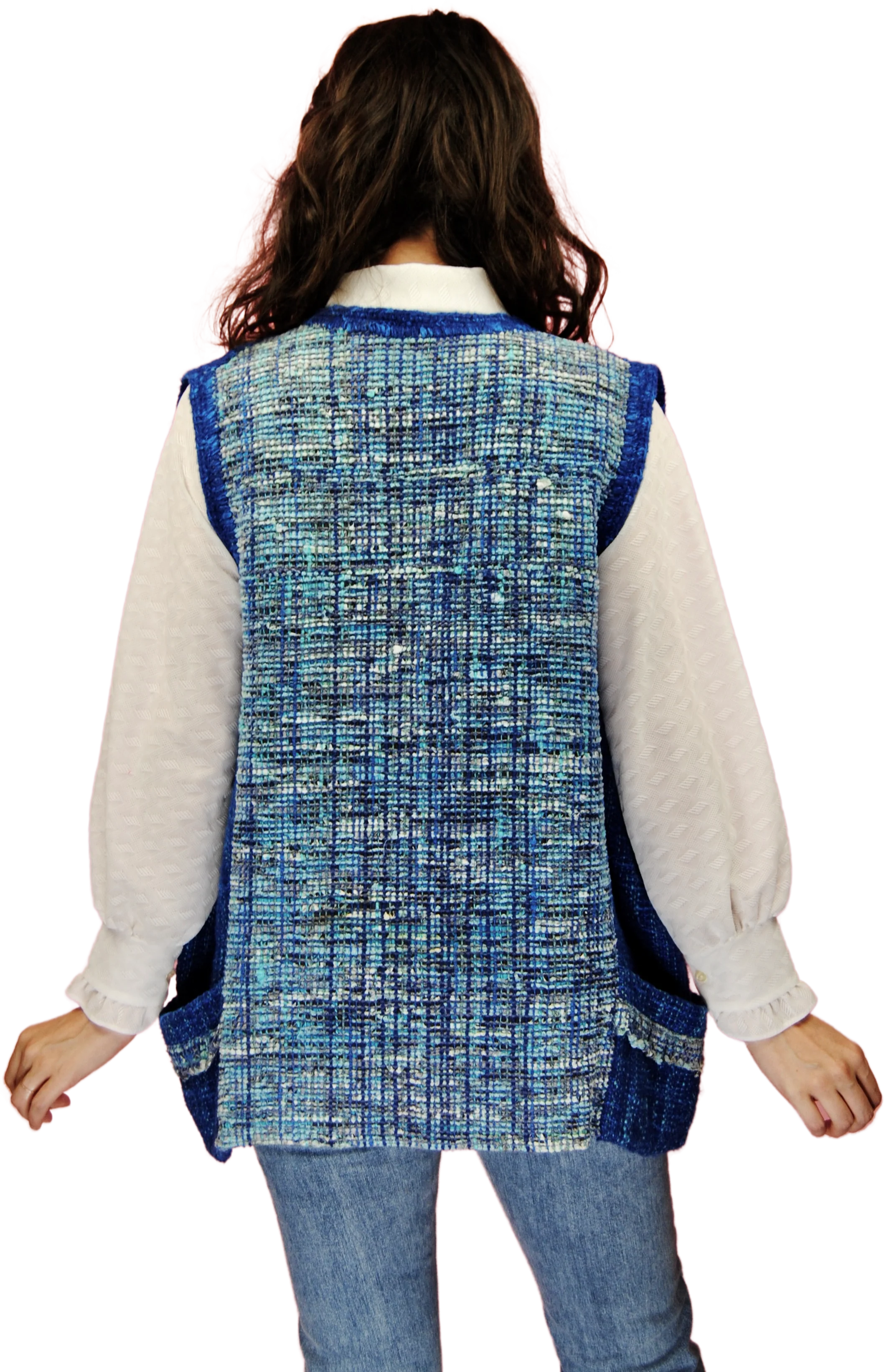 70s Woven Blue Vest With Pockets - Open Size - Image 2