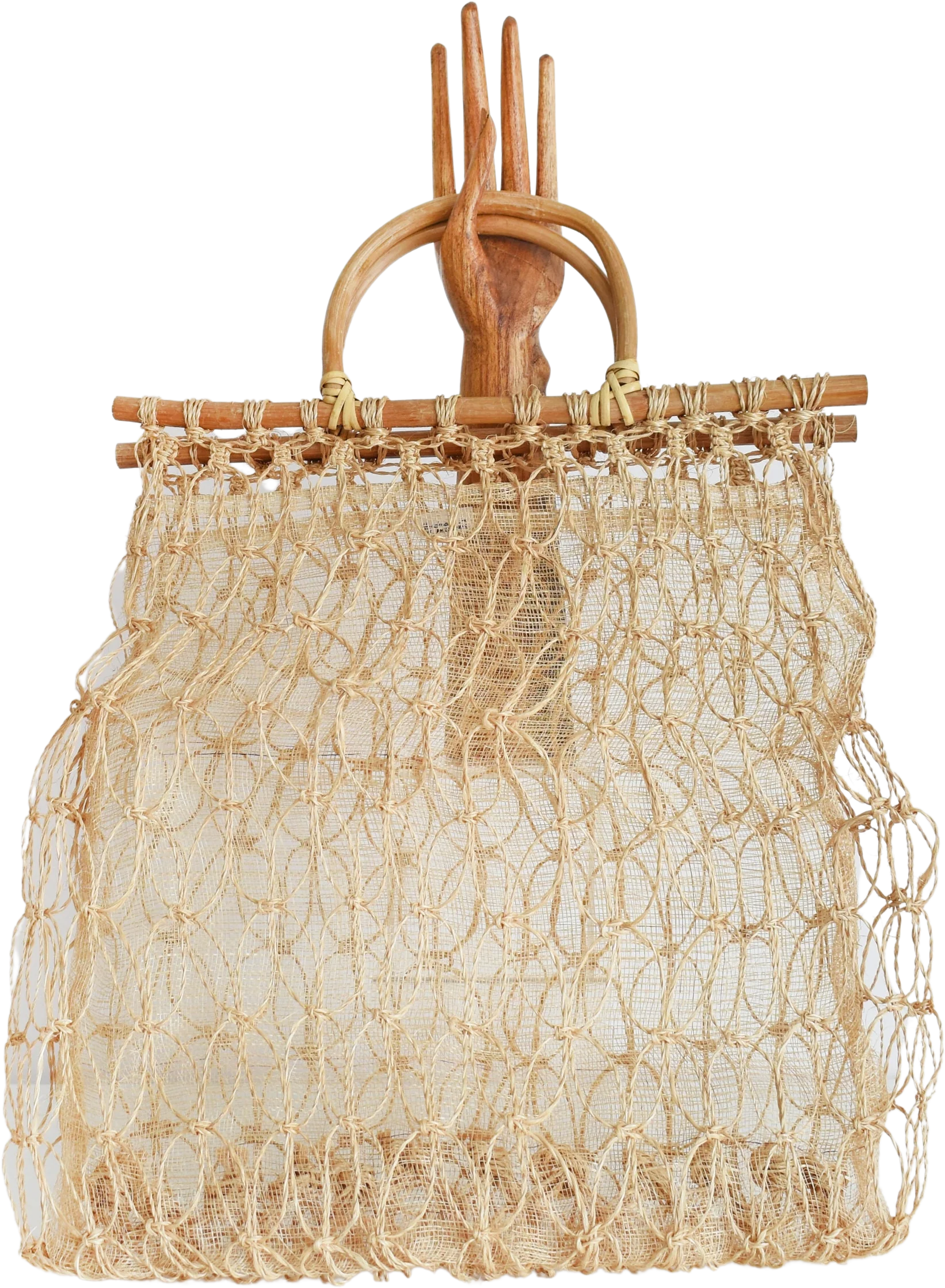 70s Woven Jute Bag Vintage 70s Market Bag, Handwoven Twine Netting Purse with Wood Handles