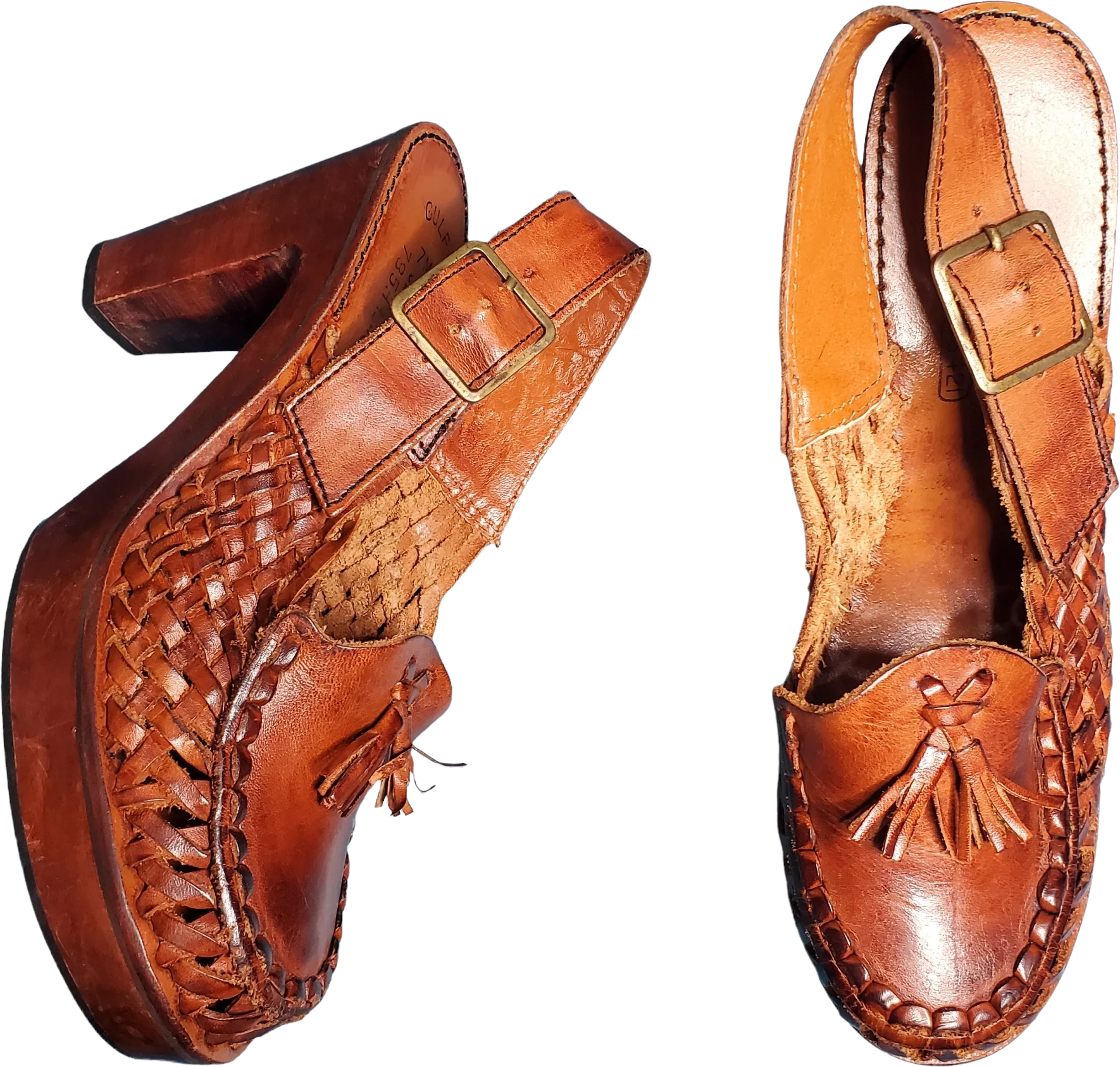 70s Woven Leather Slingback Huarache Wood Heel Sandals By Connie