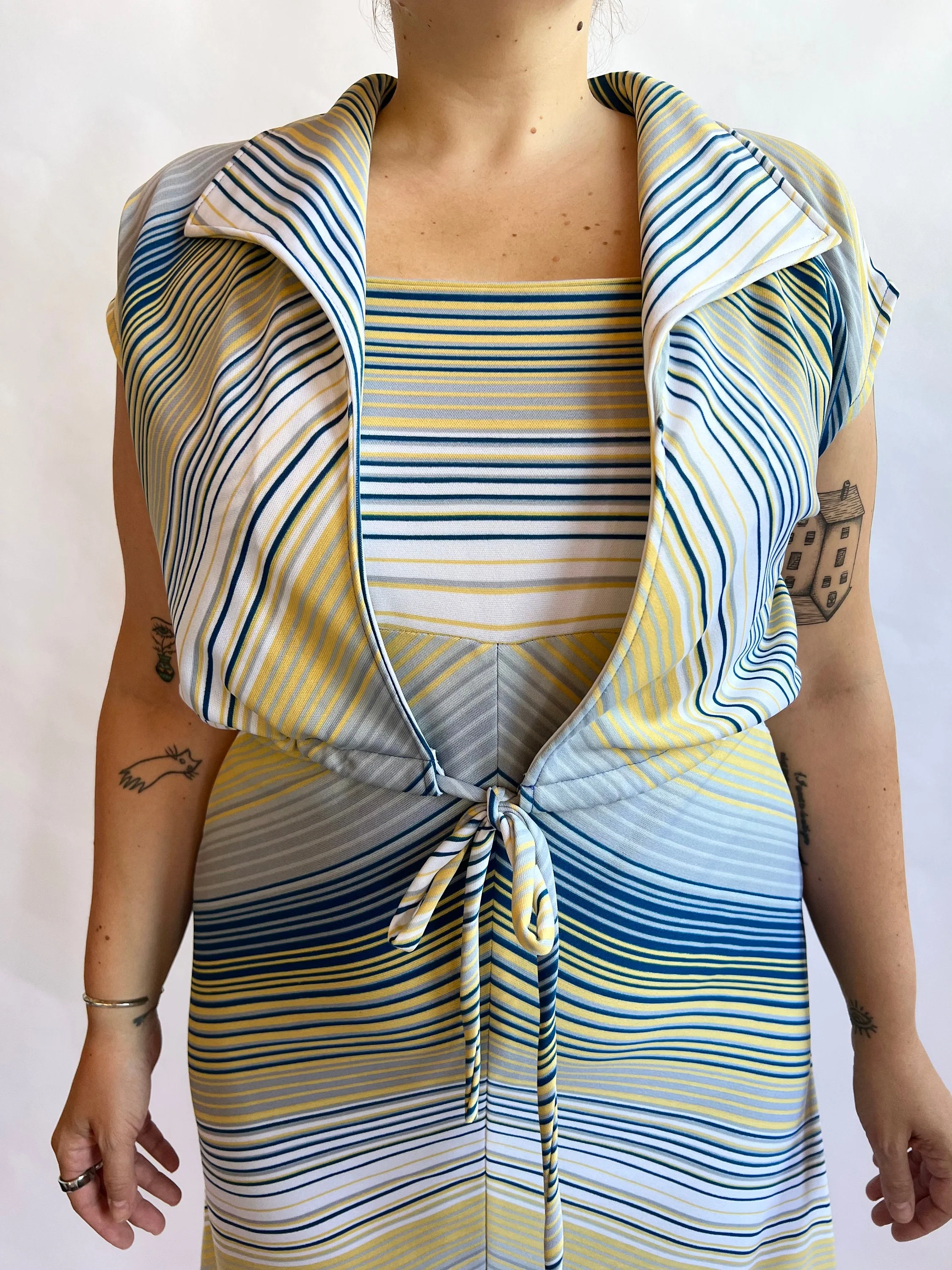 70s Yellow Blue Gray Chevron Striped Plus Size Tank Dress Bolero Two Piece Set - Image 2