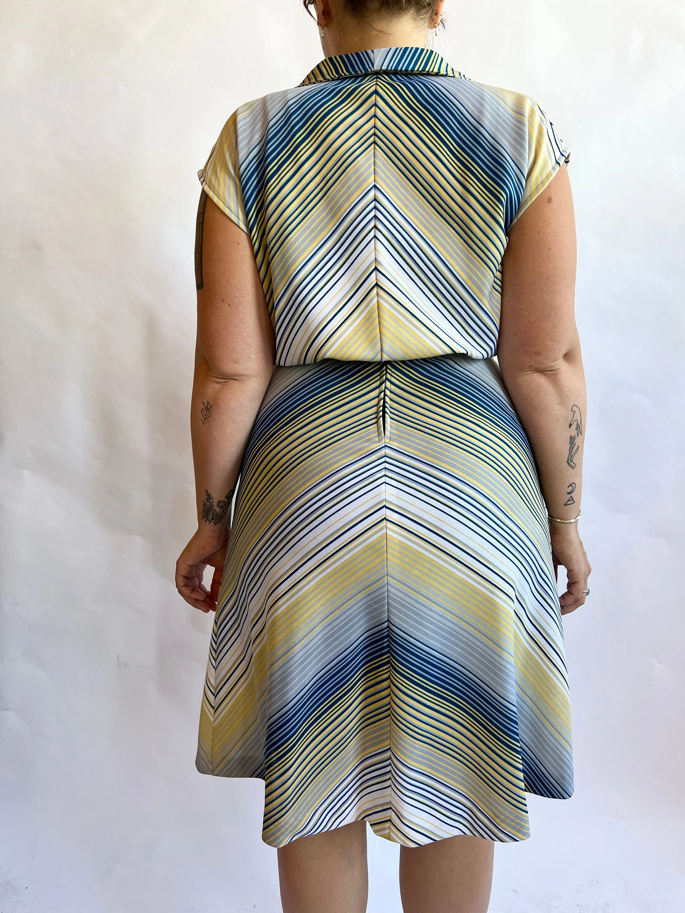 70s Yellow Blue Gray Chevron Striped Plus Size Tank Dress Bolero Two Piece Set - Image 4
