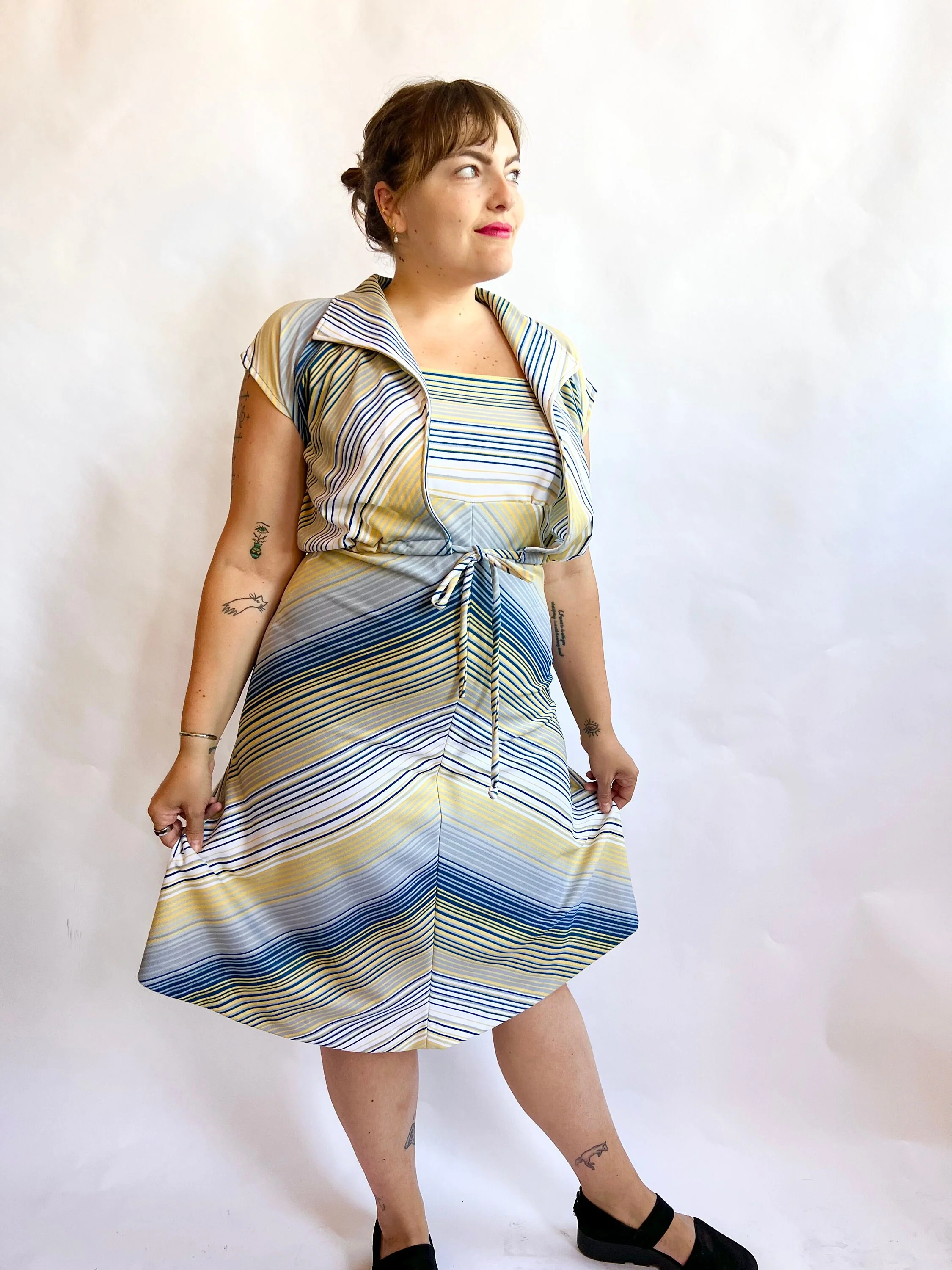 70s Yellow Blue Gray Chevron Striped Plus Size Tank Dress Bolero Two Piece Set - Image 9
