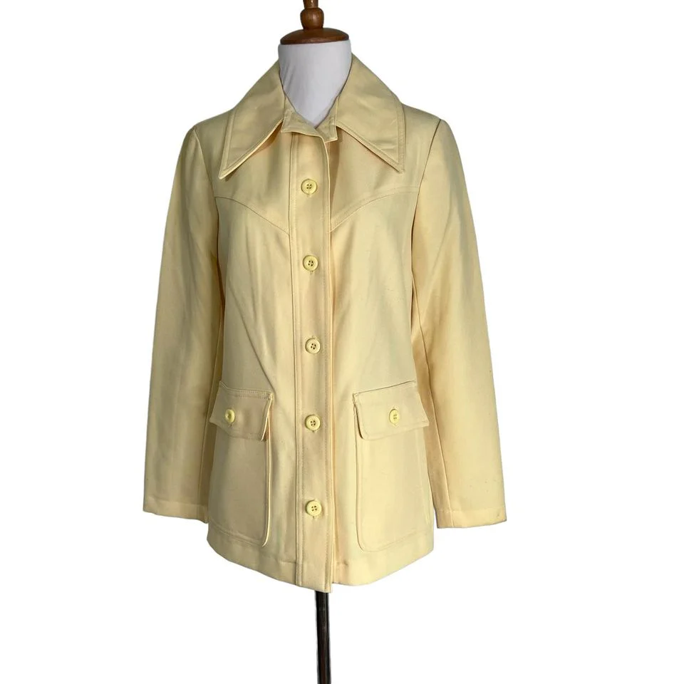 70s Yellow Dagger Collar Leisure Suit Blazer Jacket S - Image 4