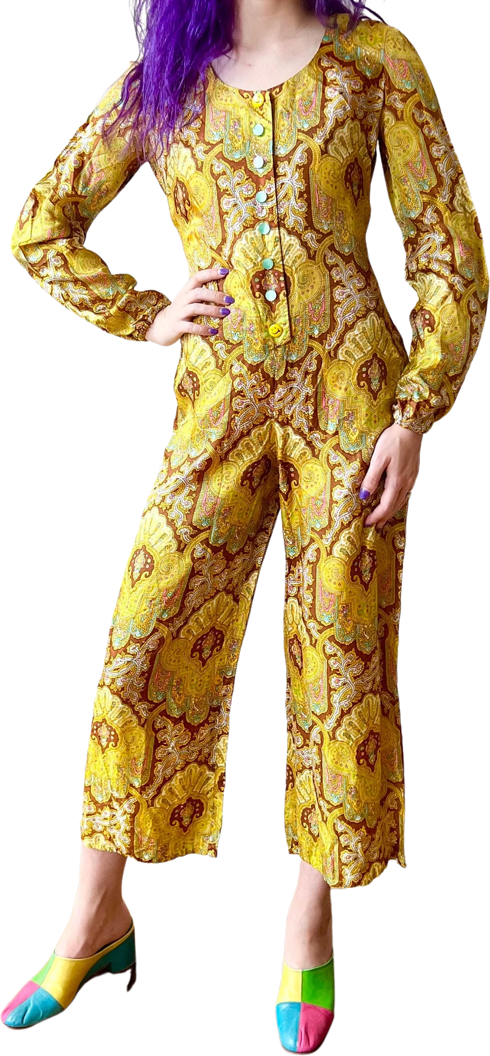70s Yellow Paisley Satin Smiley Face Button Jumpsuit Palazzo Culotte Wide Leg
