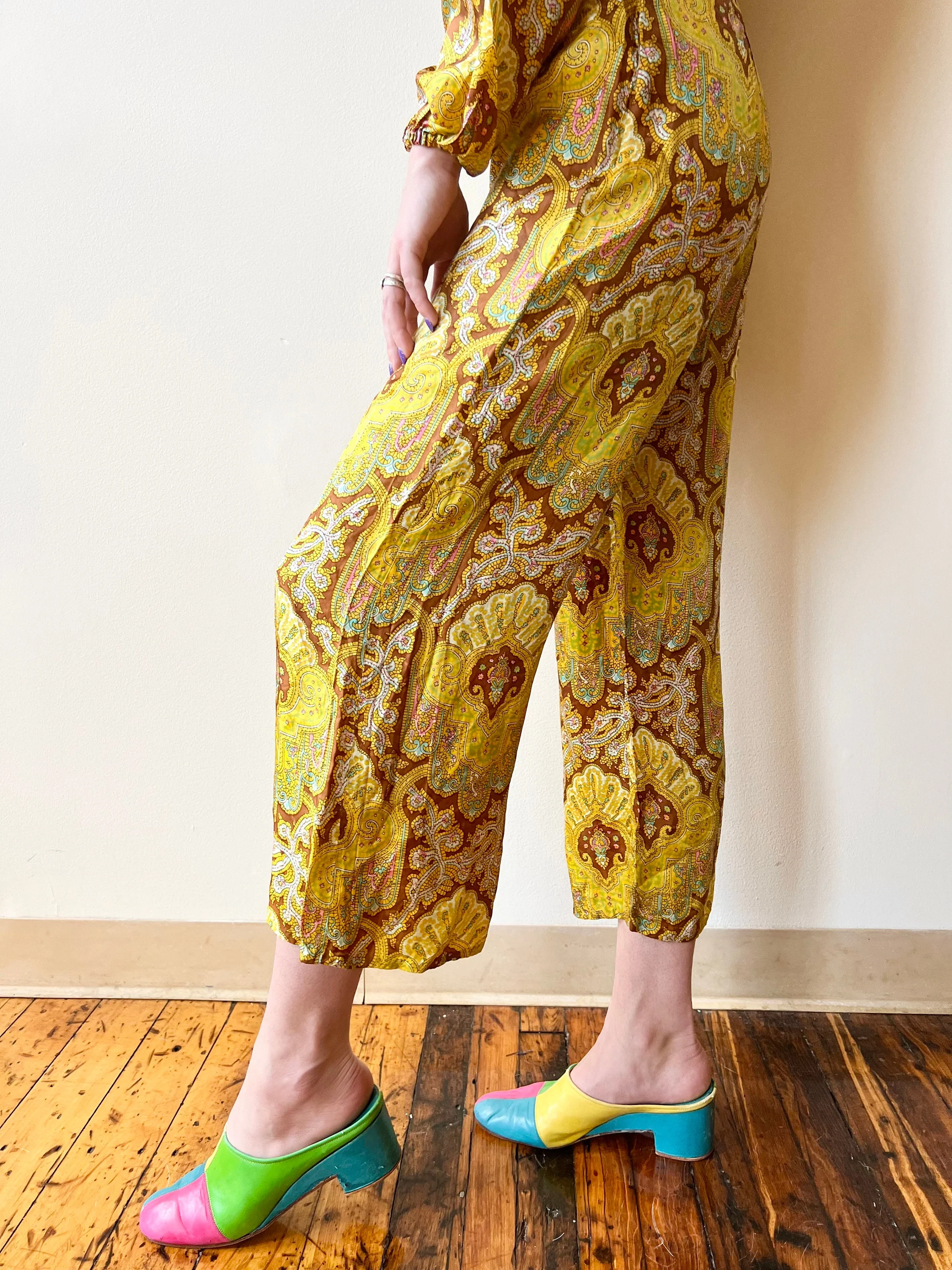 70s Yellow Paisley Satin Smiley Face Button Jumpsuit Palazzo Culotte Wide Leg - Image 5