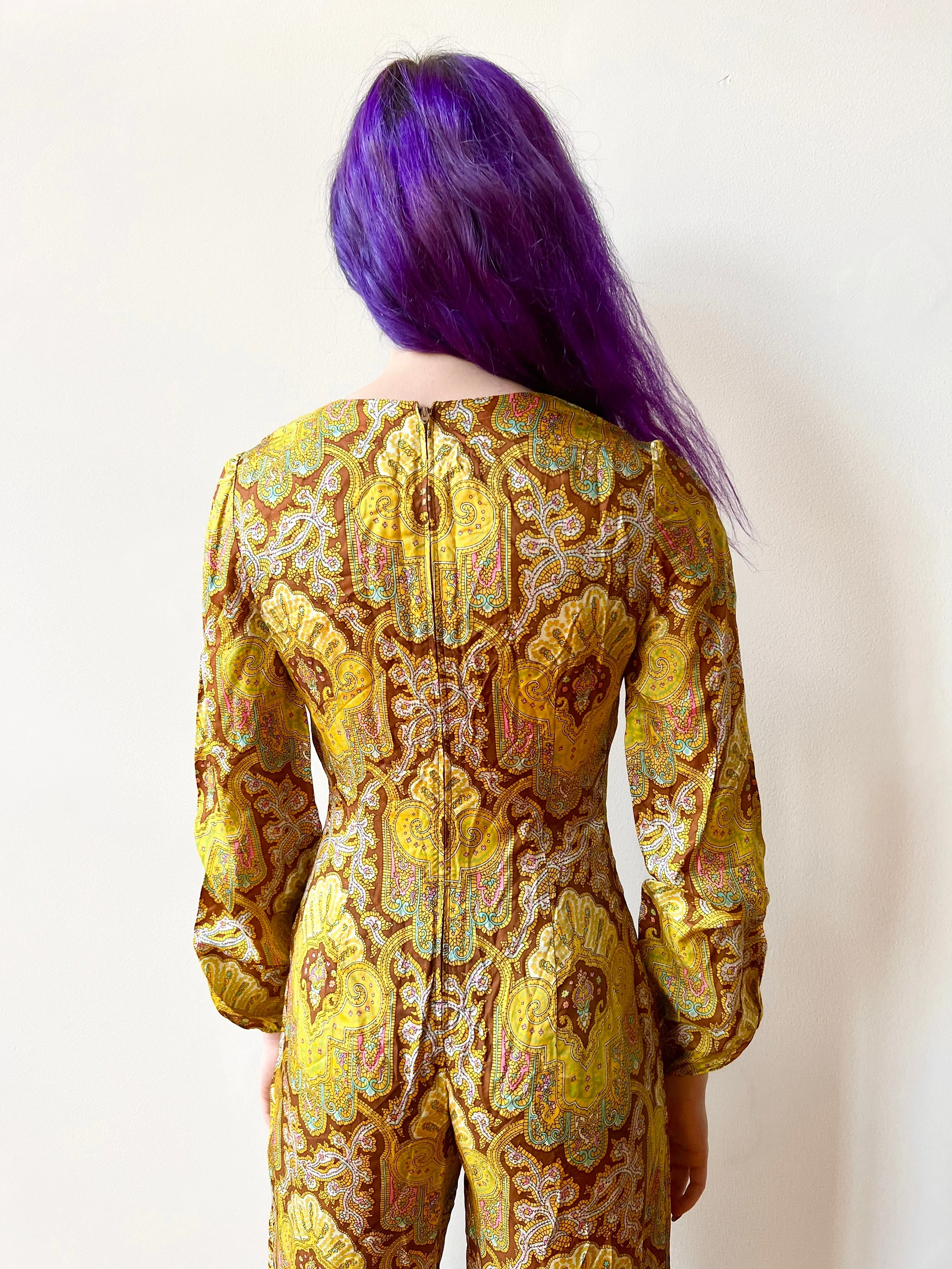 70s Yellow Paisley Satin Smiley Face Button Jumpsuit Palazzo Culotte Wide Leg - Image 6