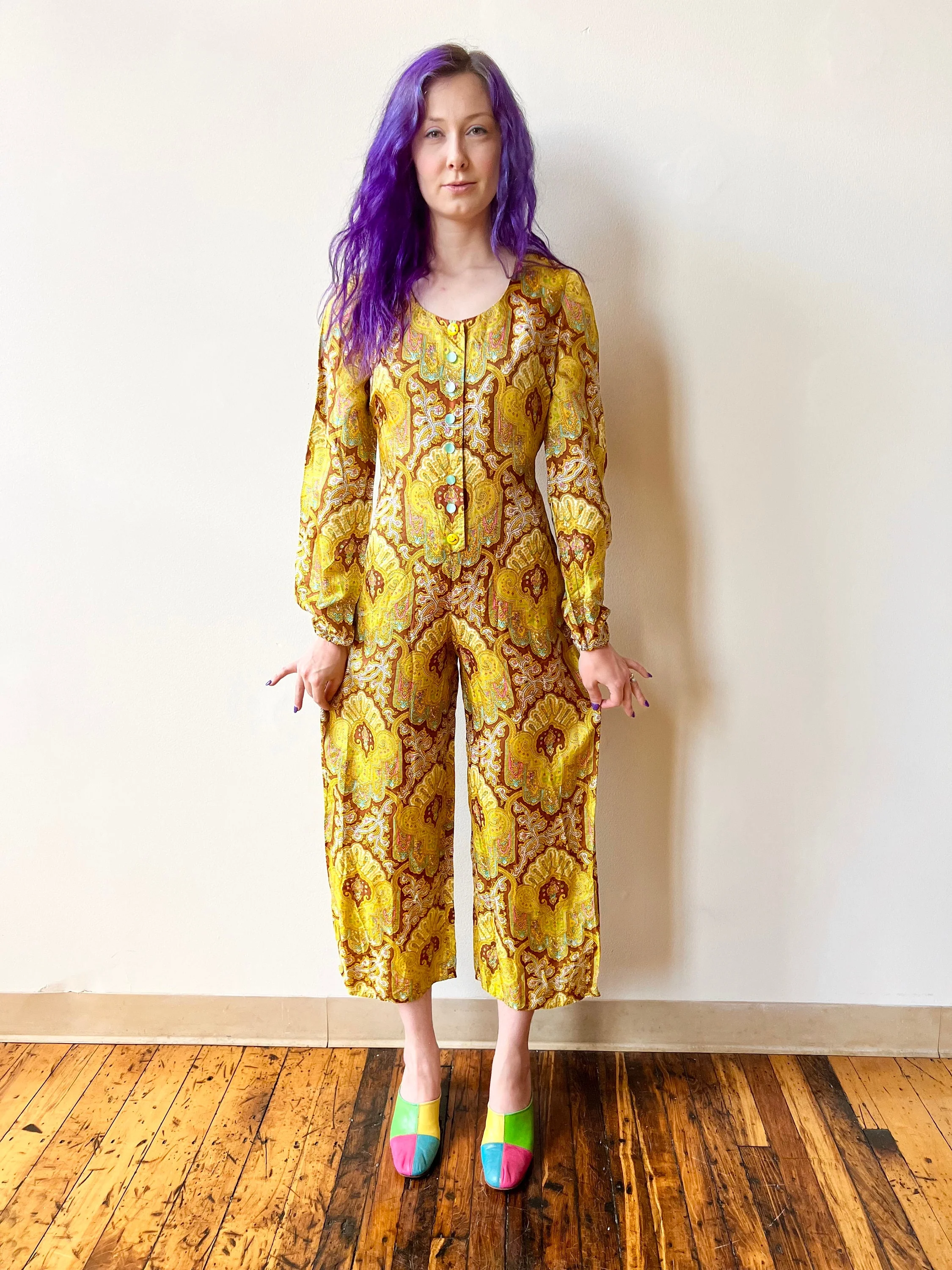 70s Yellow Paisley Satin Smiley Face Button Jumpsuit Palazzo Culotte Wide Leg - Image 8
