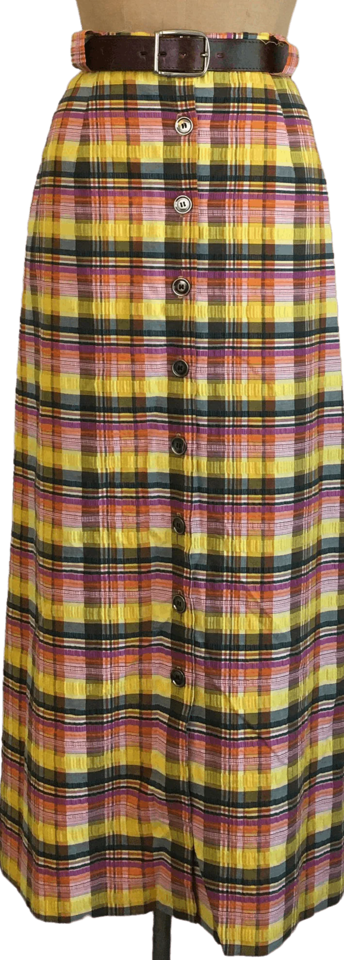 70's Yellow Seersucker Plaid Maxi Skirt by Prestige of Boston