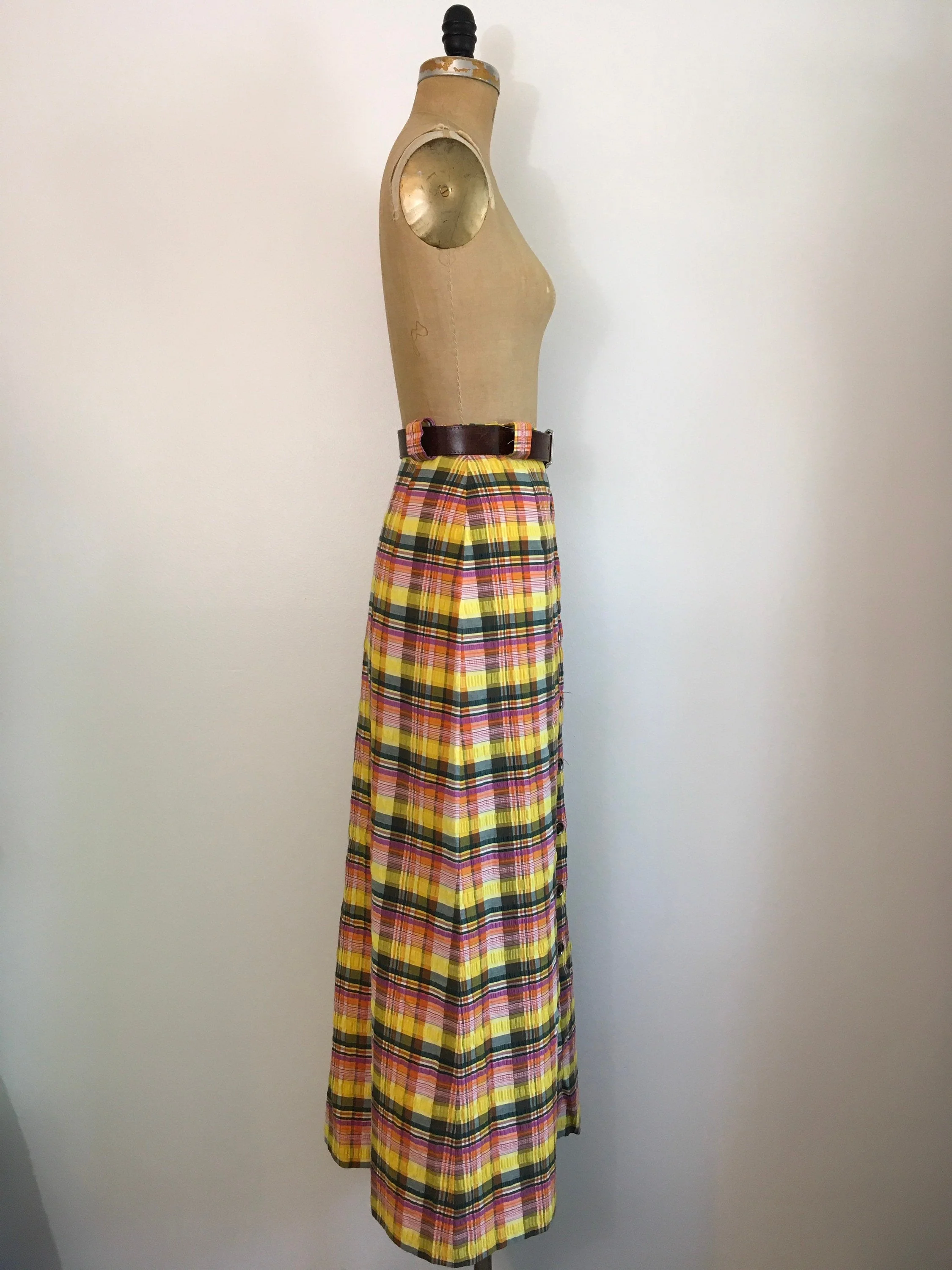 70's Yellow Seersucker Plaid Maxi Skirt by Prestige of Boston - Image 3