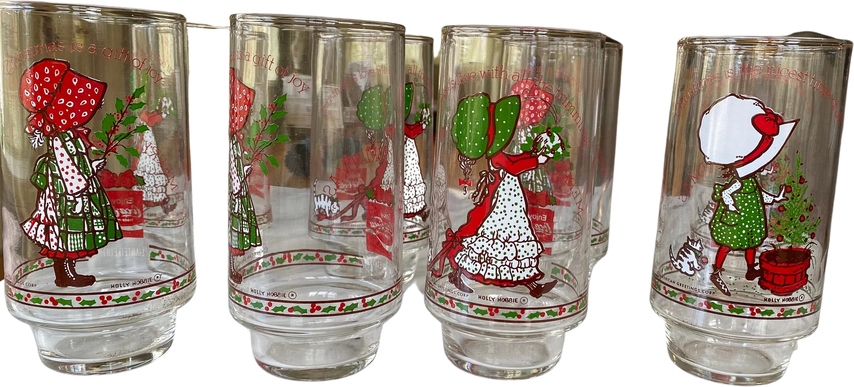 8 Vintage Christmas Holiday Holly Hobbie Glasses Cups