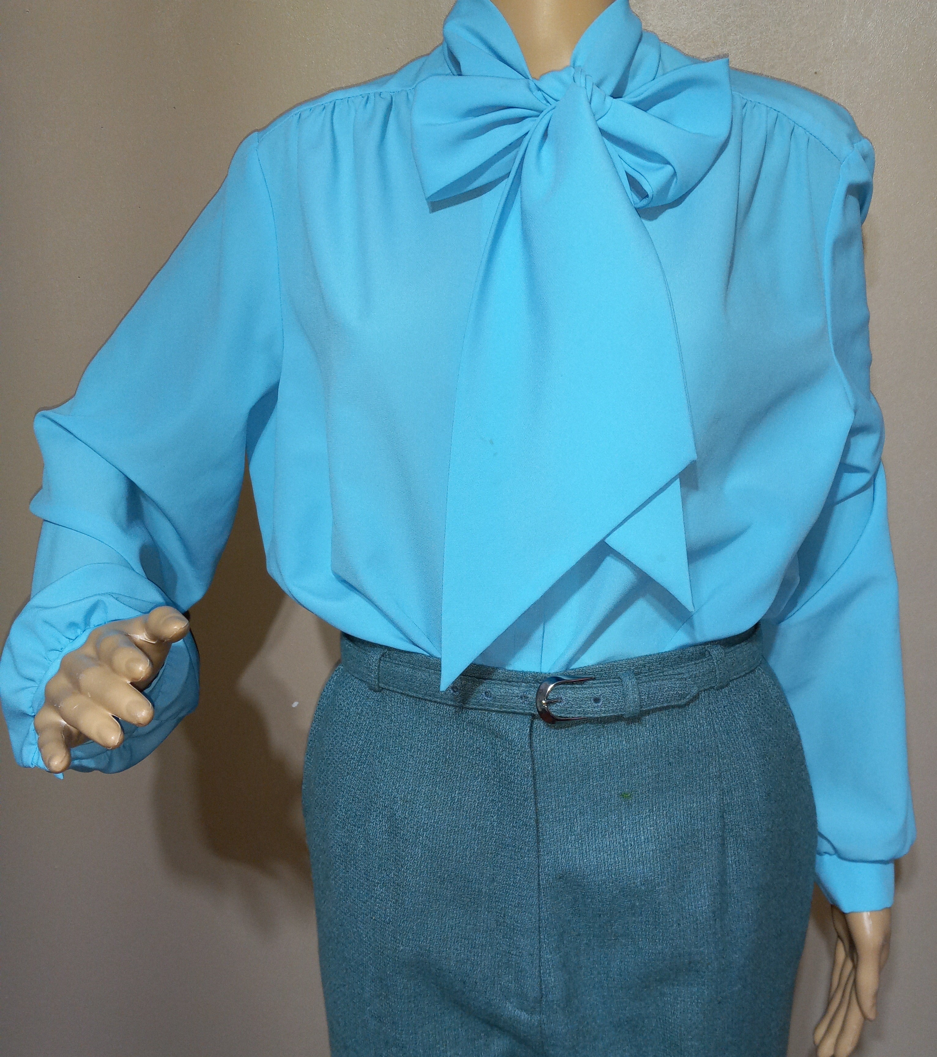 80’s Aqua Poly Pussy Bow Tie Blouse Sz L - 2x by Lee Mar Pageant - Image 3
