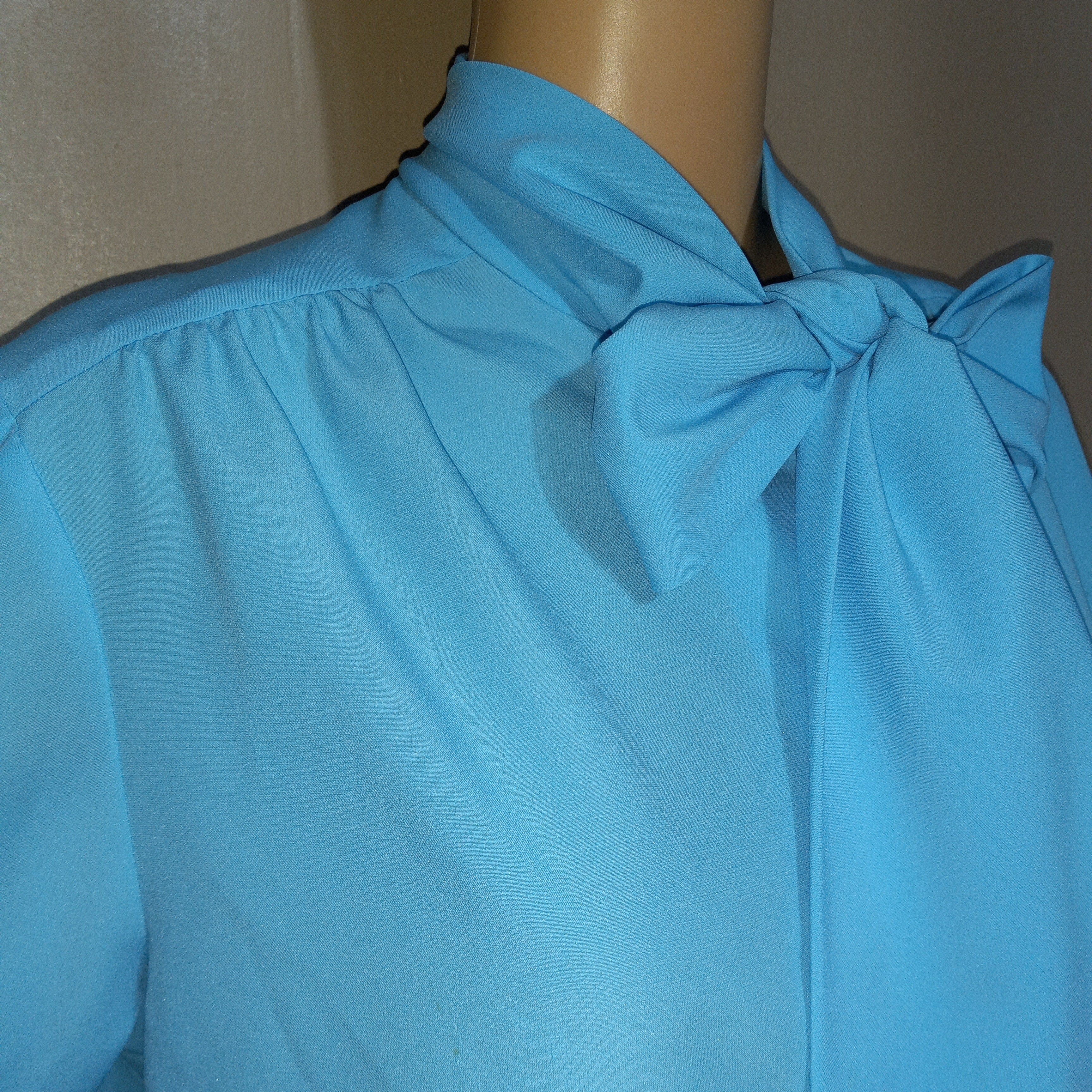 80’s Aqua Poly Pussy Bow Tie Blouse Sz L - 2x by Lee Mar Pageant - Image 5