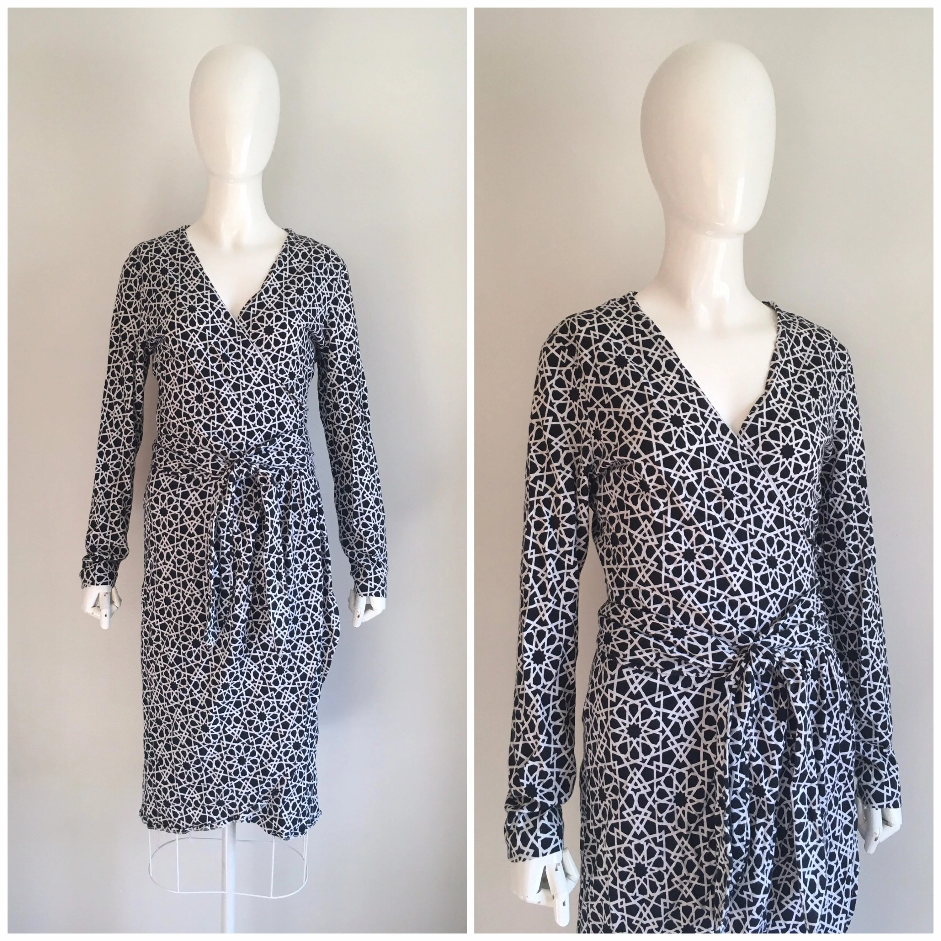 80’s Black and White V-Neck Long Sleeves Wrap Dress by Diane Von Furstenberg - Image 3
