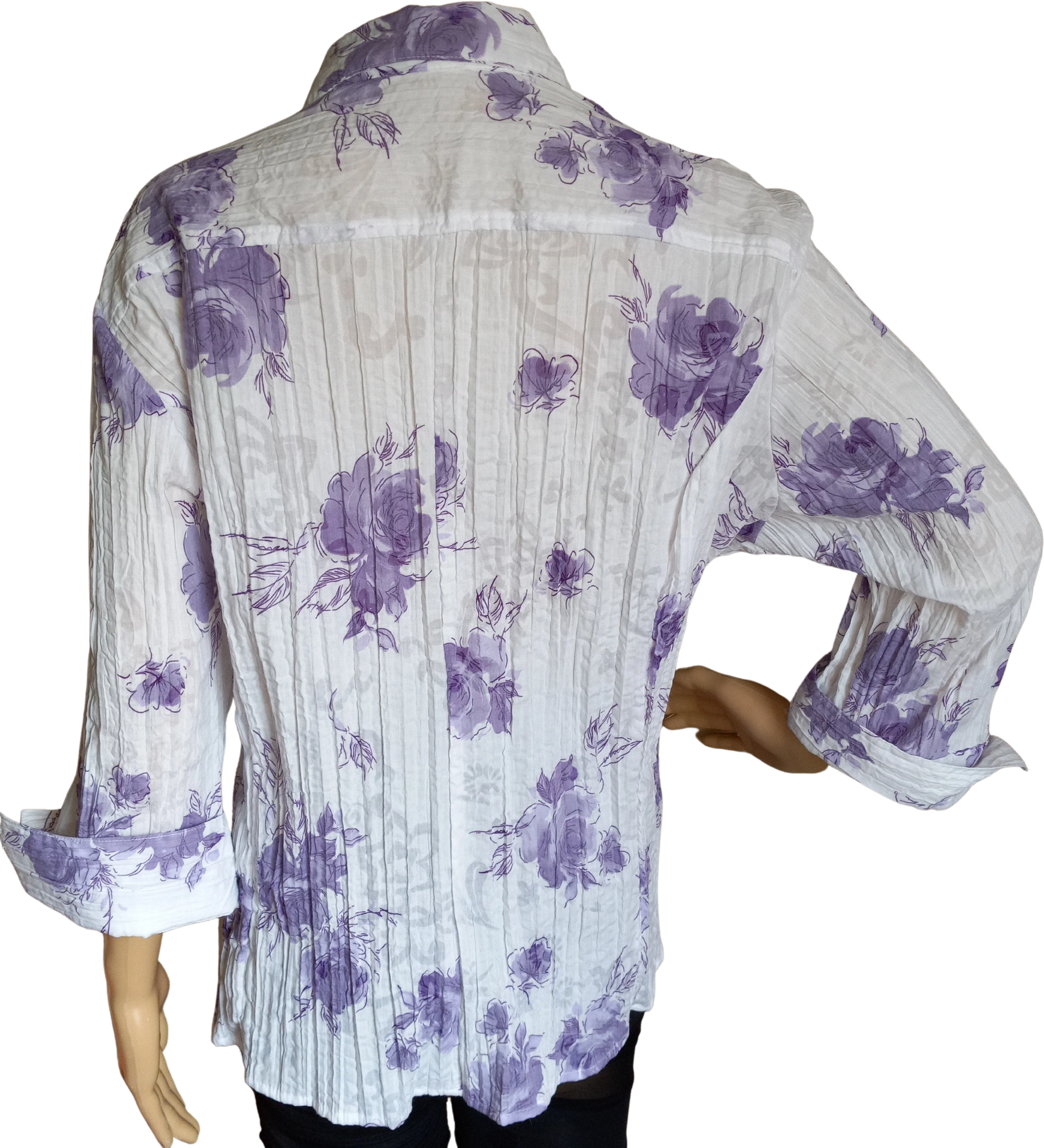 80’s Cotton Poly Purple Floral Crinkle Top by Joanna Plus - Image 2