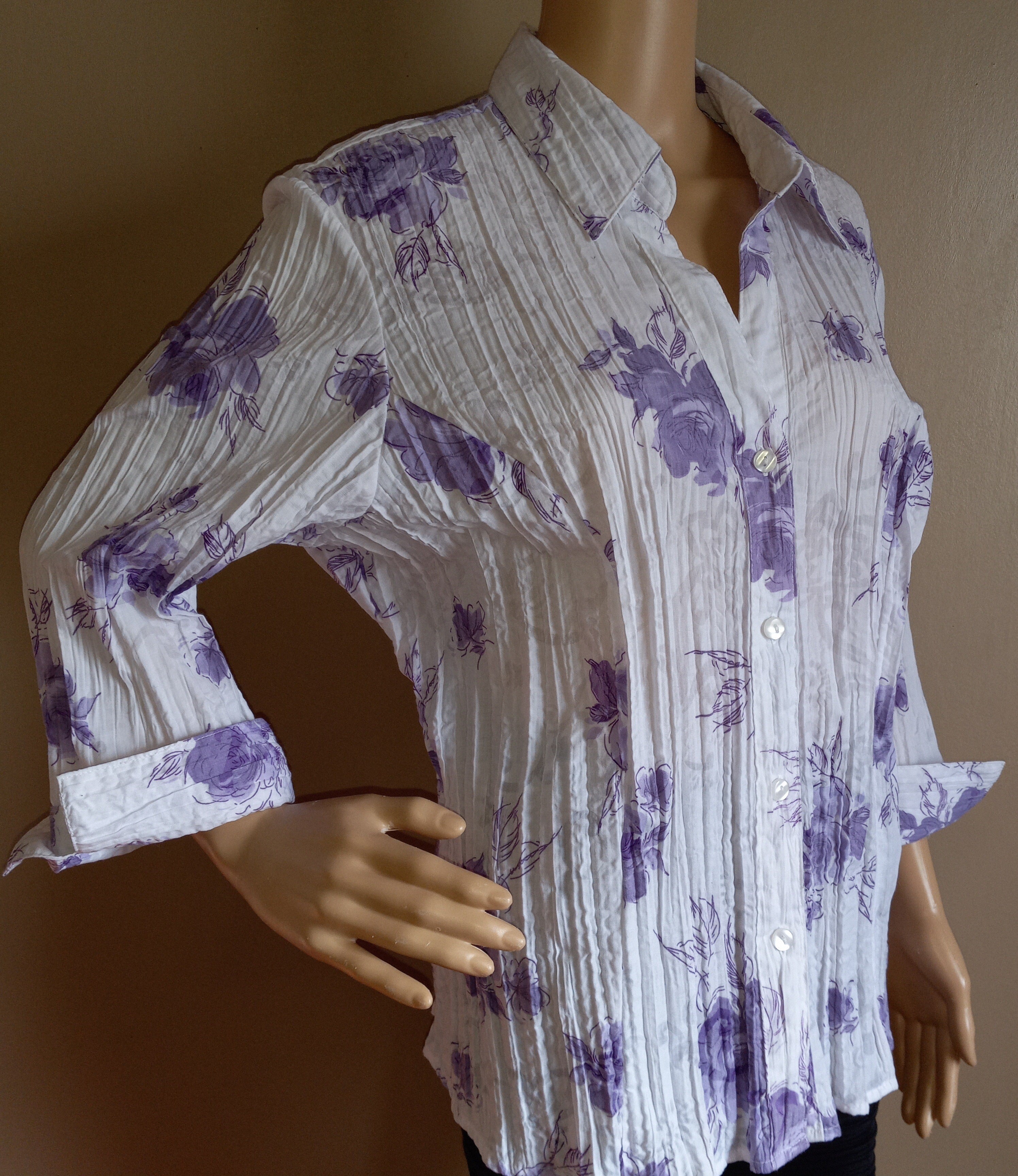 80’s Cotton Poly Purple Floral Crinkle Top by Joanna Plus - Image 3