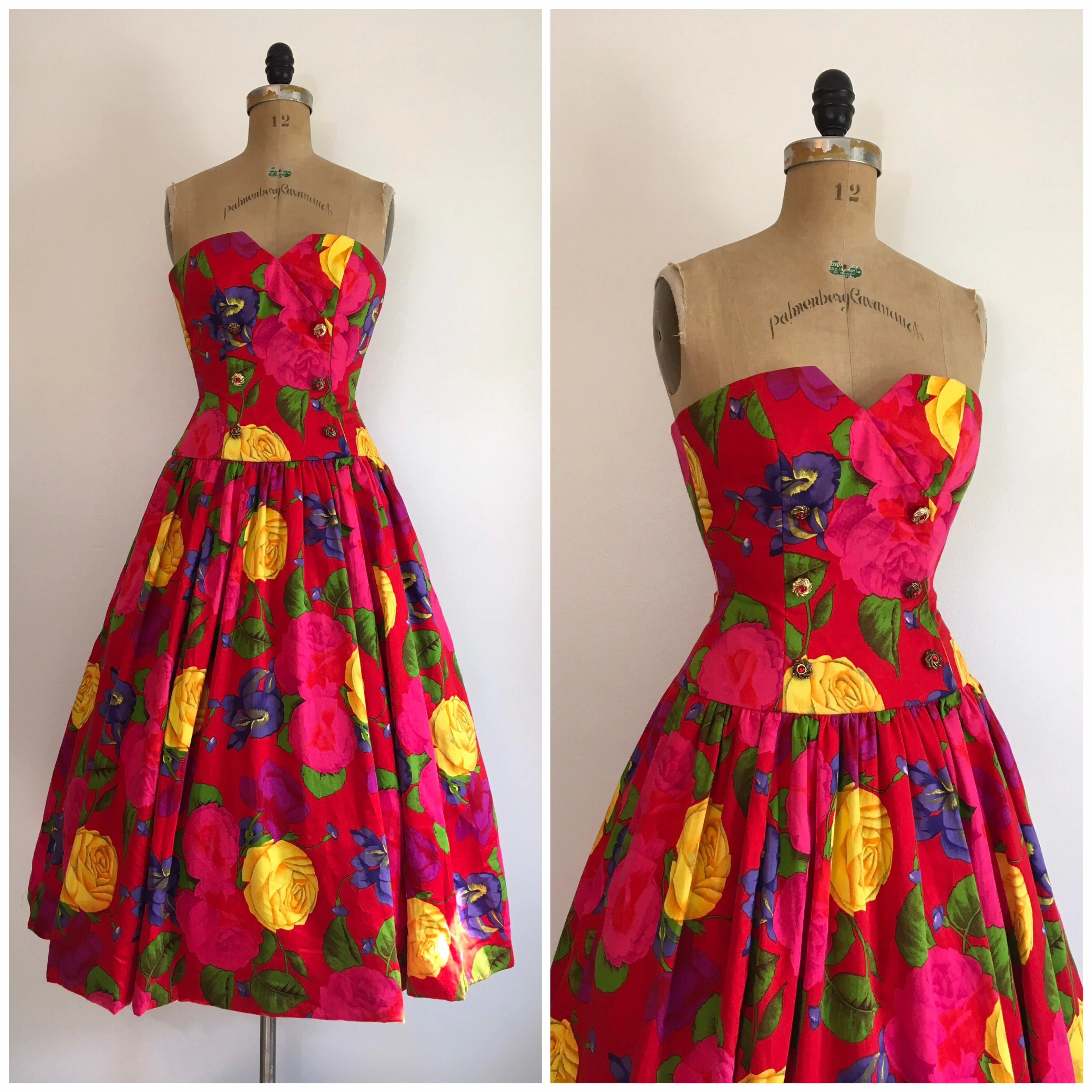 80’s Rose Print Strapless Party Dress by A.J. Bari - Image 3