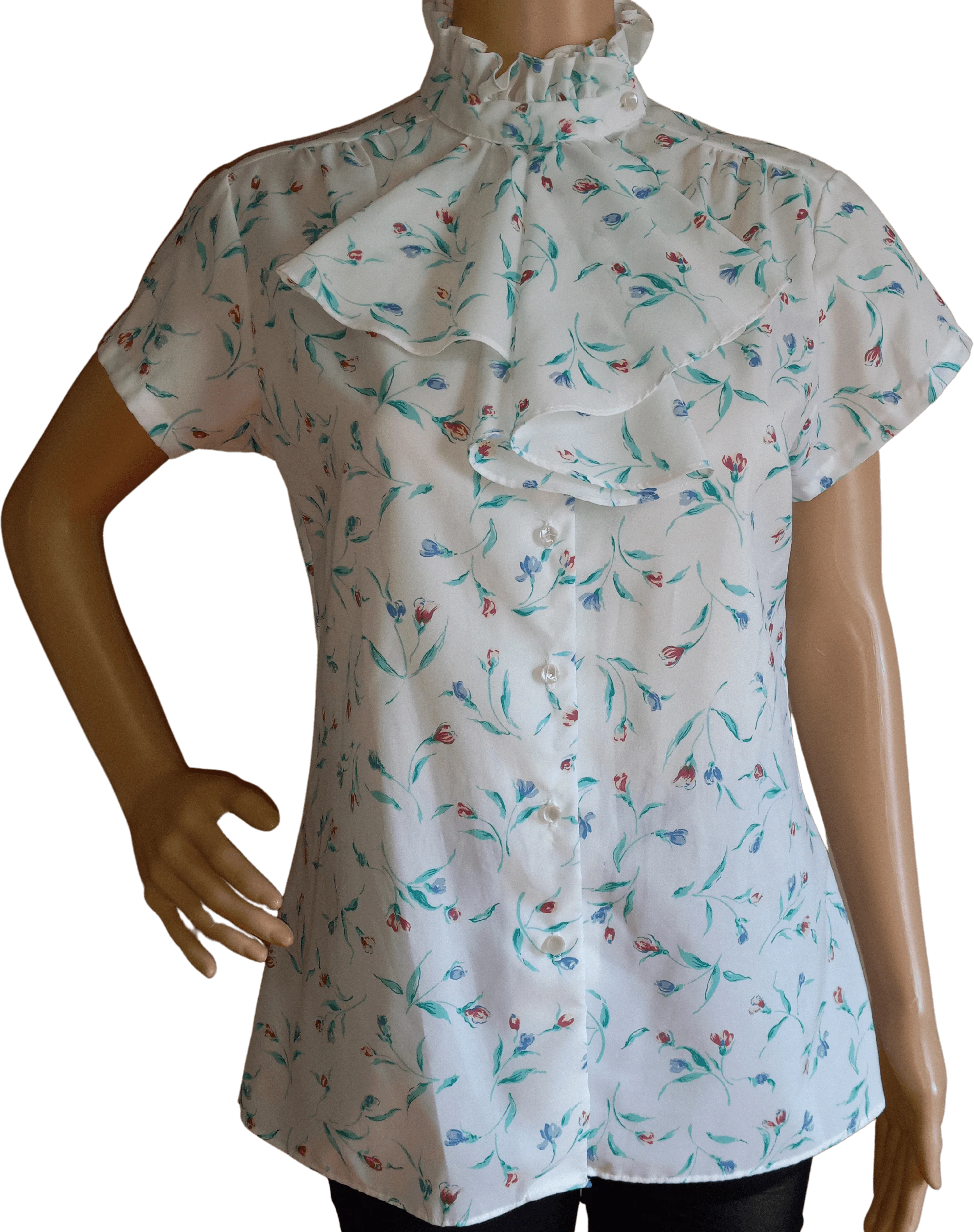 80’s White Floral Blouse with Unique Tie Bow by Laura Mae