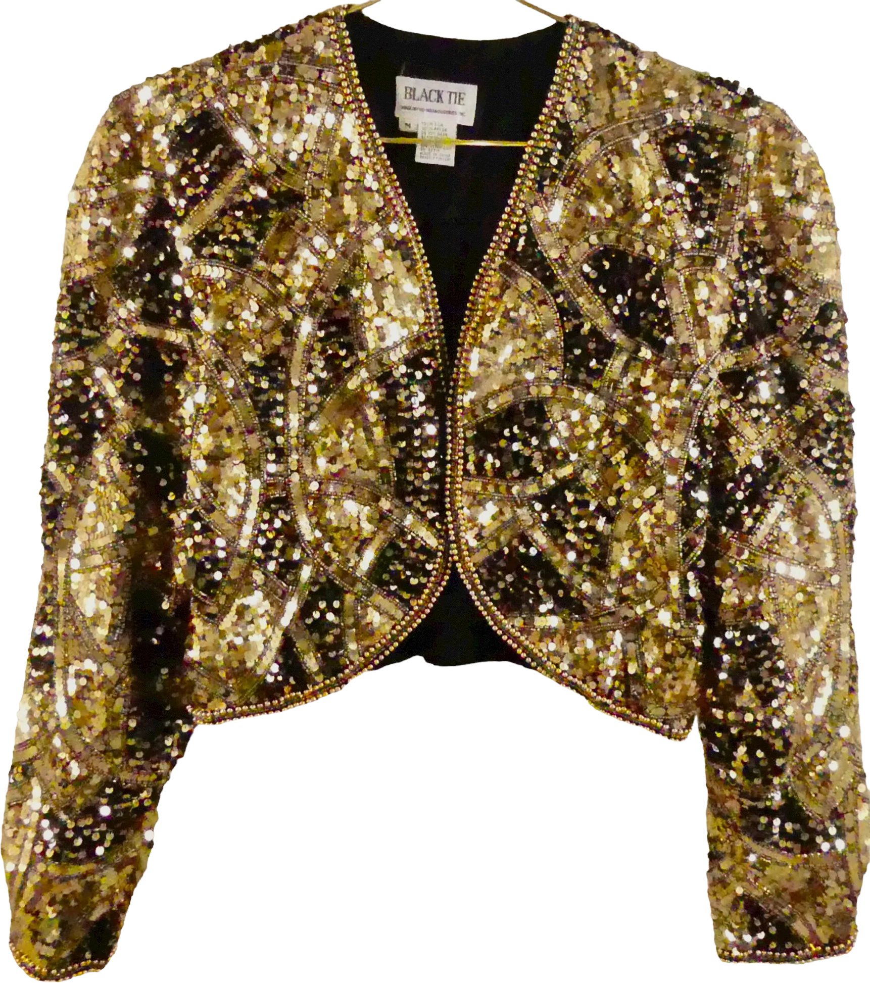 80s 100% Silk Black Gold Beaded Sequin Bolero Jacket By Black Tie He-Ro Industries Inc.