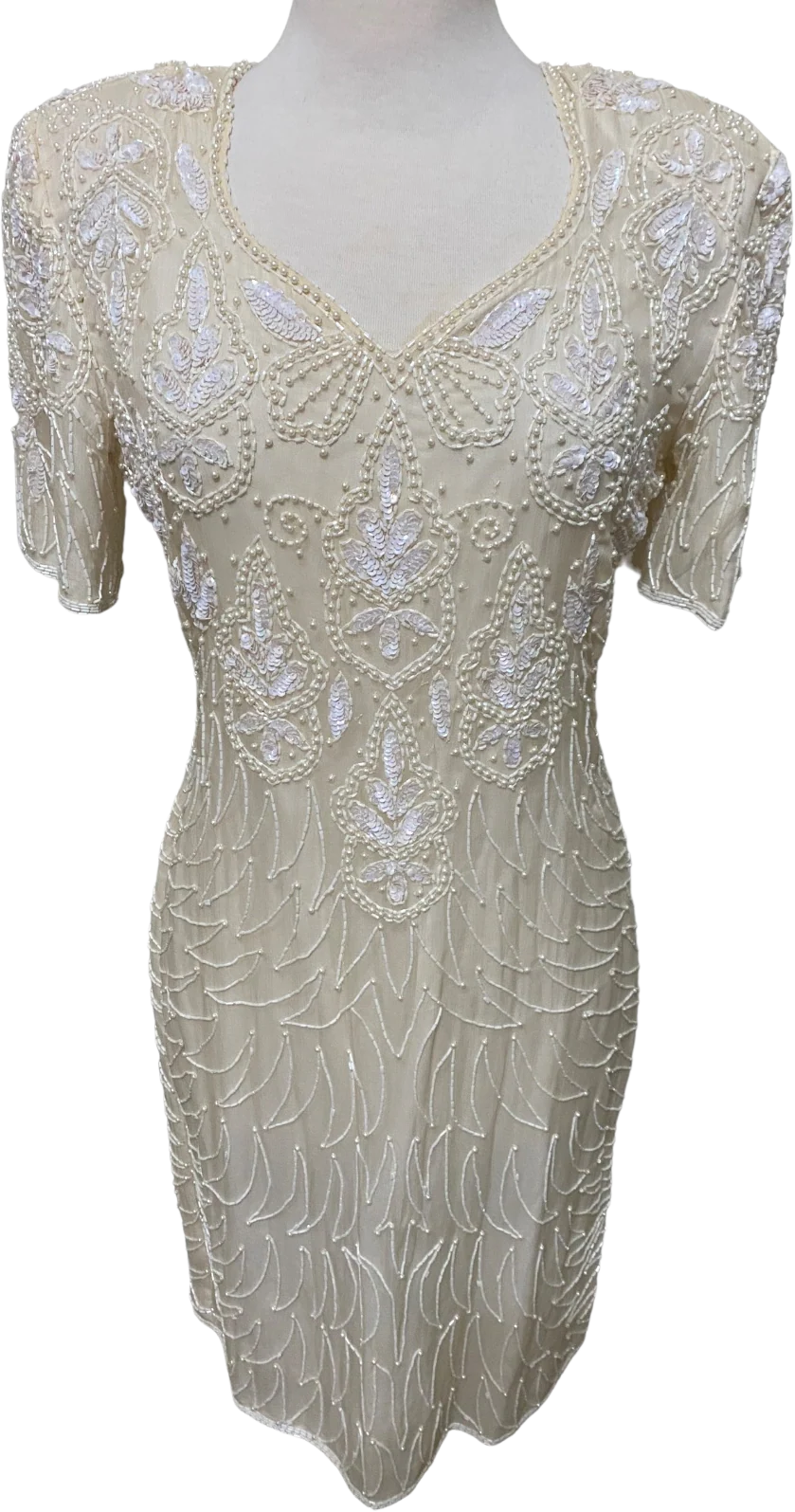 80s 100% Silk Short Dress Cream Beaded Sequin Sz M By Mark & John by Sam
