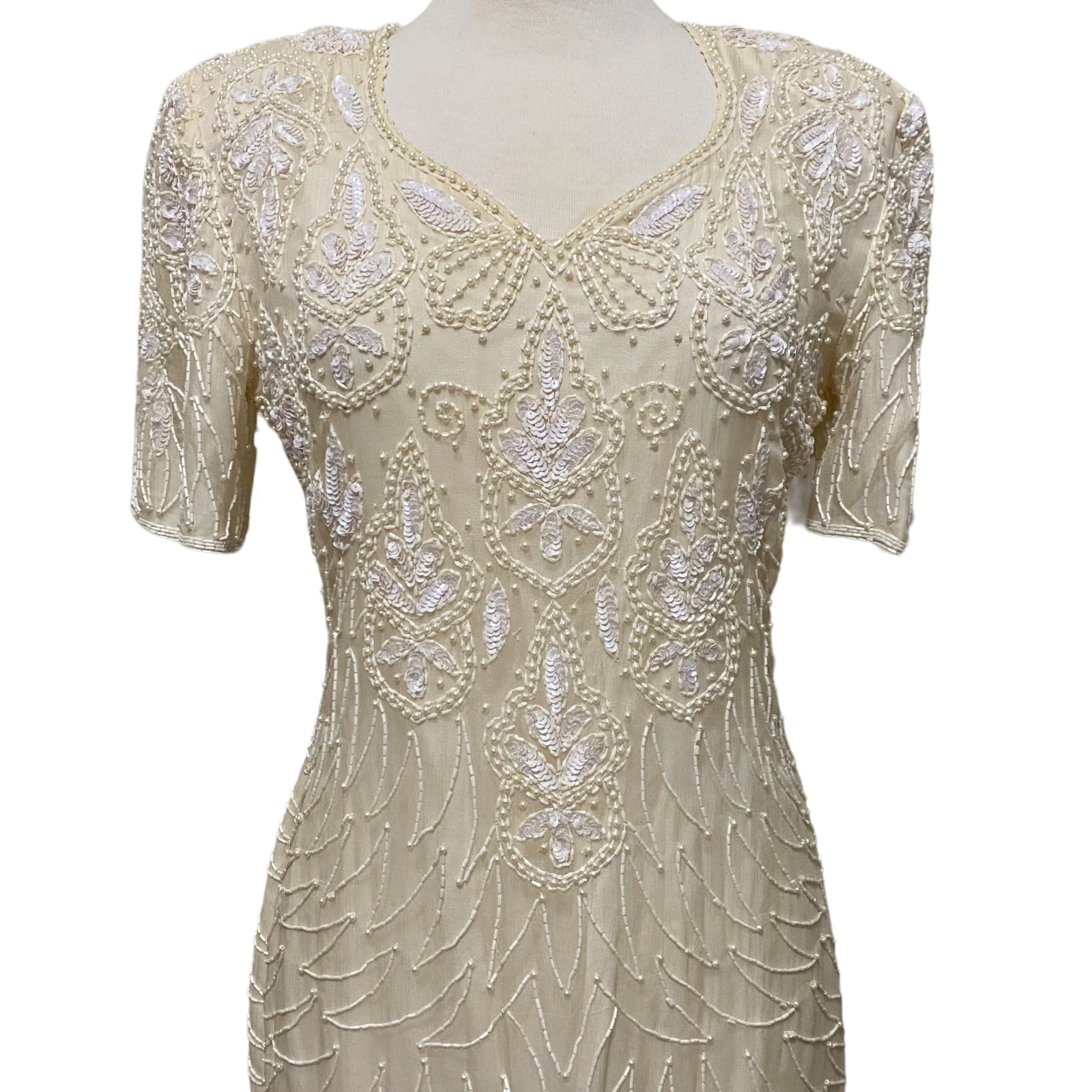 80s 100% Silk Short Dress Cream Beaded Sequin Sz M By Mark & John by Sam - Image 12
