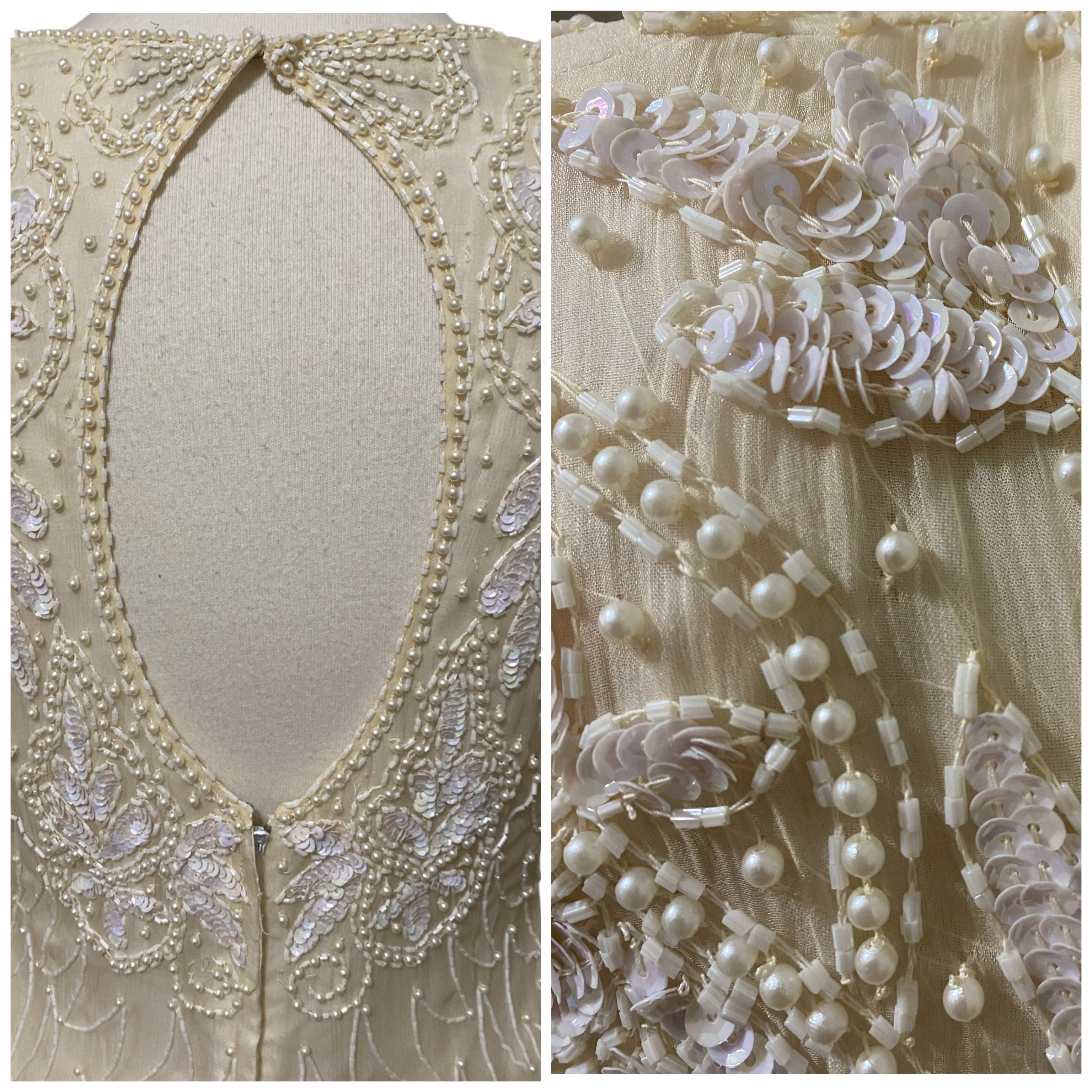 80s 100% Silk Short Dress Cream Beaded Sequin Sz M By Mark & John by Sam - Image 3