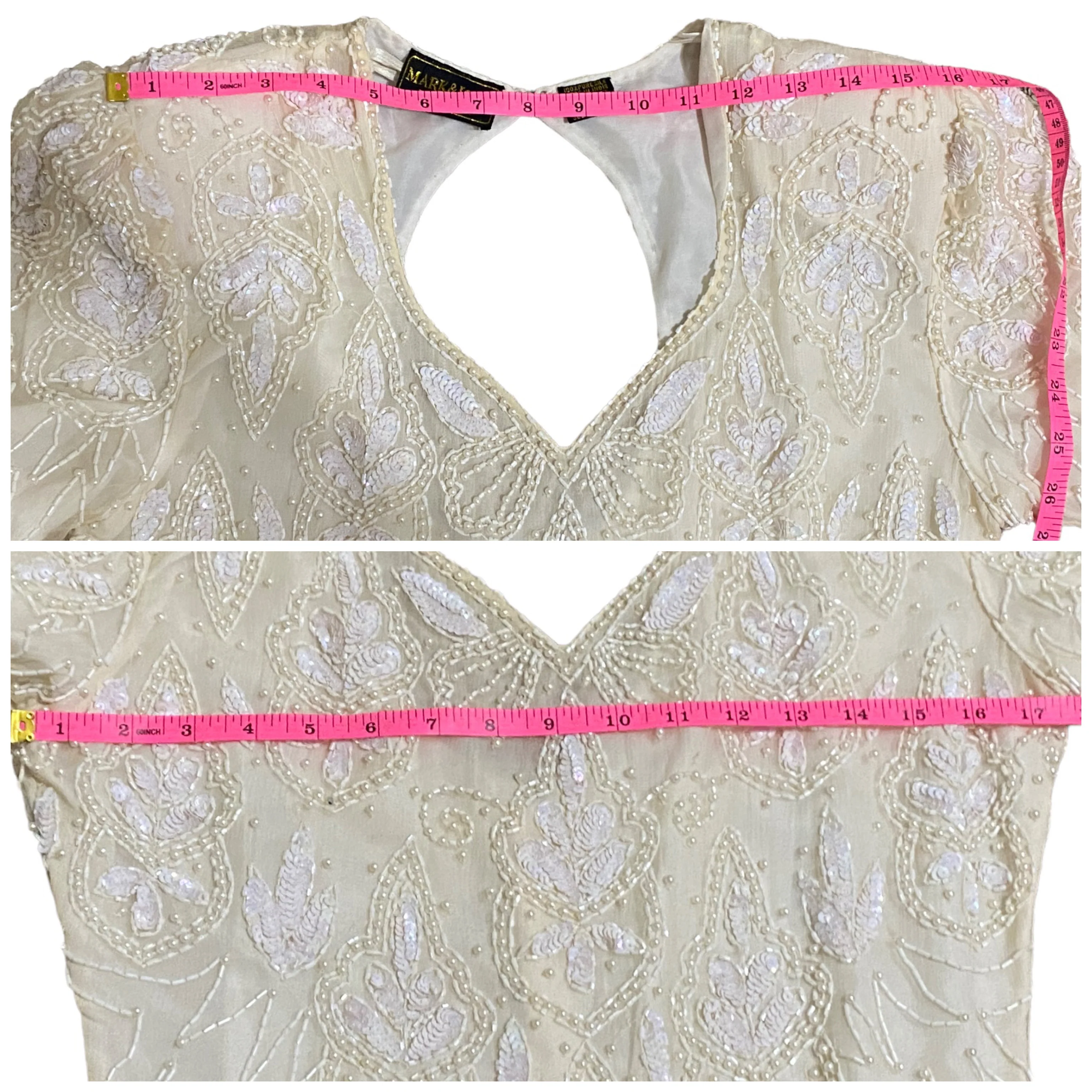 80s 100% Silk Short Dress Cream Beaded Sequin Sz M By Mark & John by Sam - Image 6