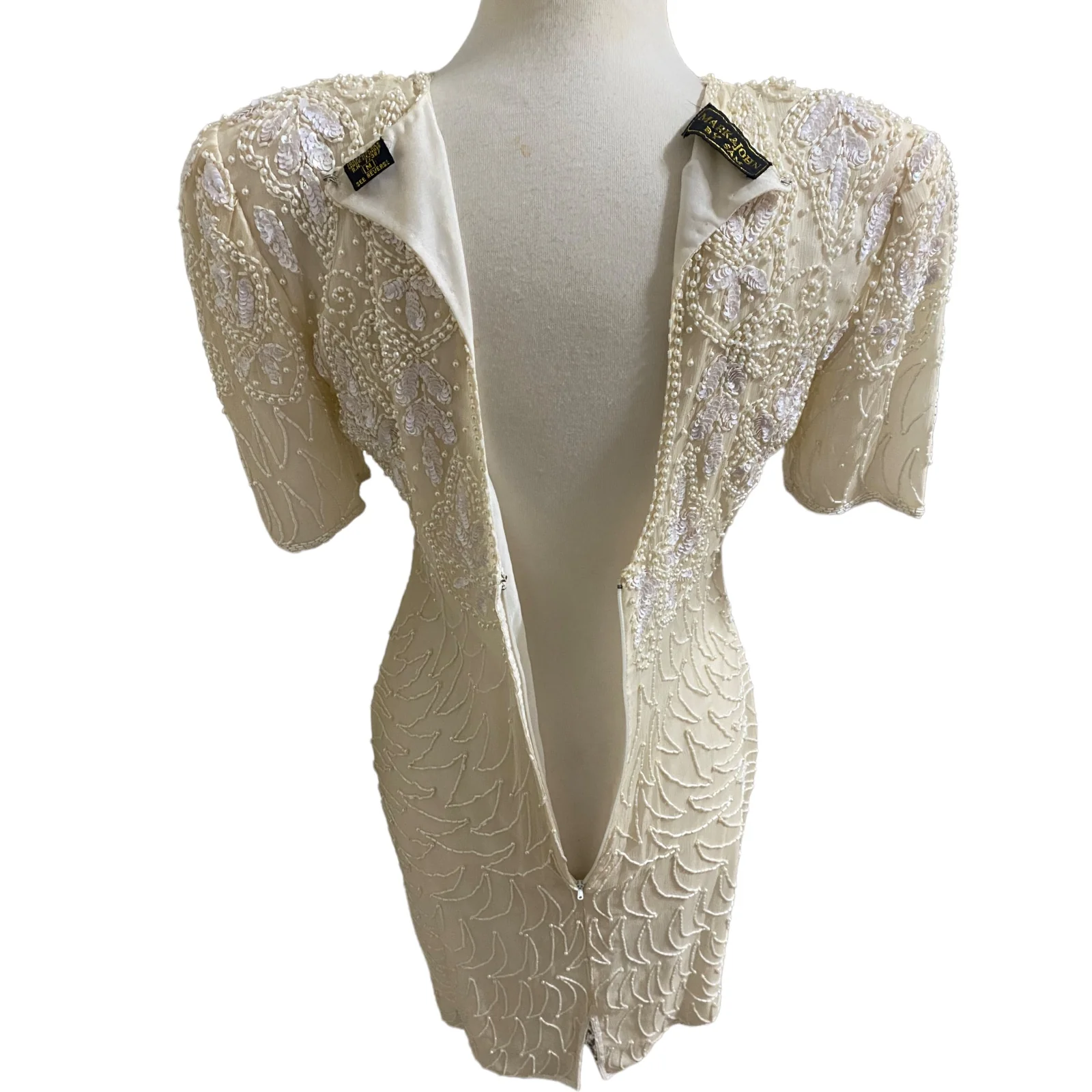 80s 100% Silk Short Dress Cream Beaded Sequin Sz M By Mark & John by Sam - Image 7