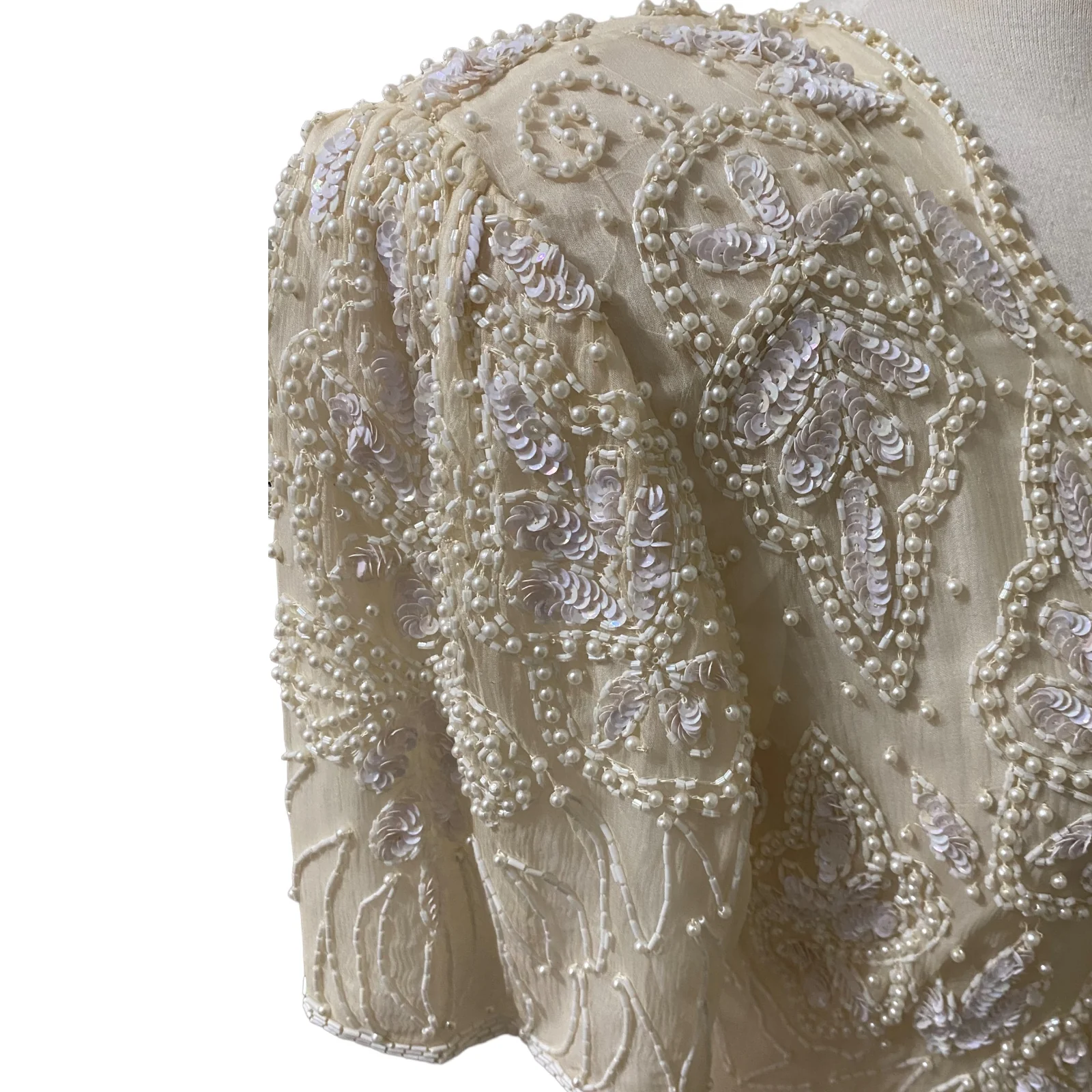 80s 100% Silk Short Dress Cream Beaded Sequin Sz M By Mark & John by Sam - Image 9