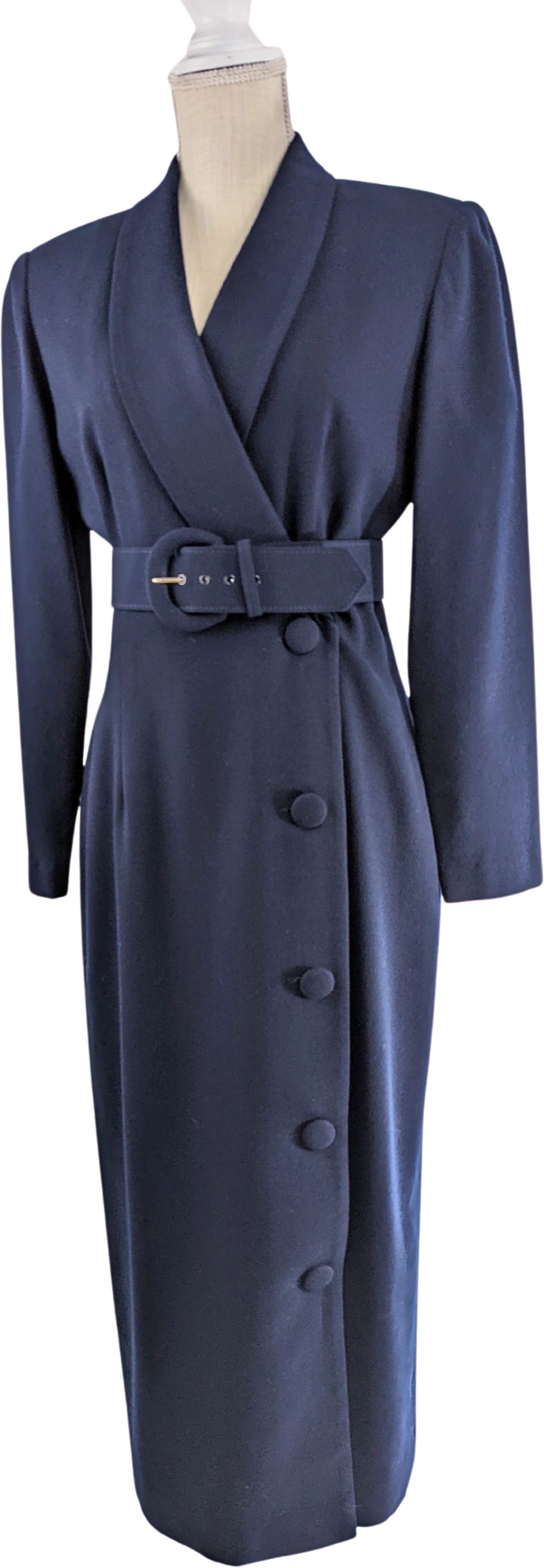 80s 100% Wool Navy Midnight Blue Button Up Dress Coat with Belt by Oberon