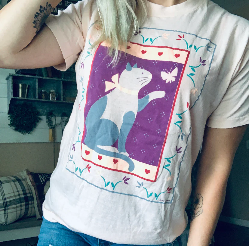 80s 1987 Pink Single Stitch Cat And Butterfly T-shirt By Screen Stars - Image 3
