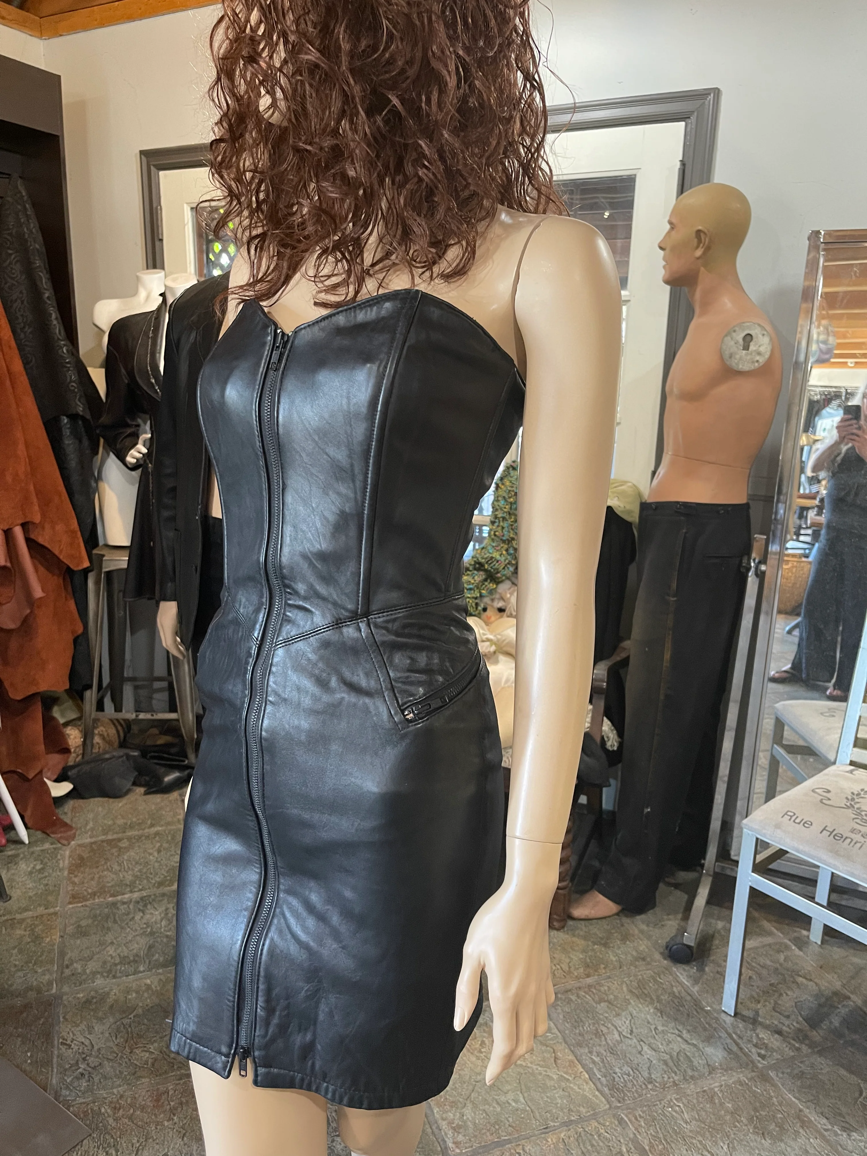 80s 1988 Black Strapless Zippered Leather Dress By Michael Hoban North Beach Leather - Image 3
