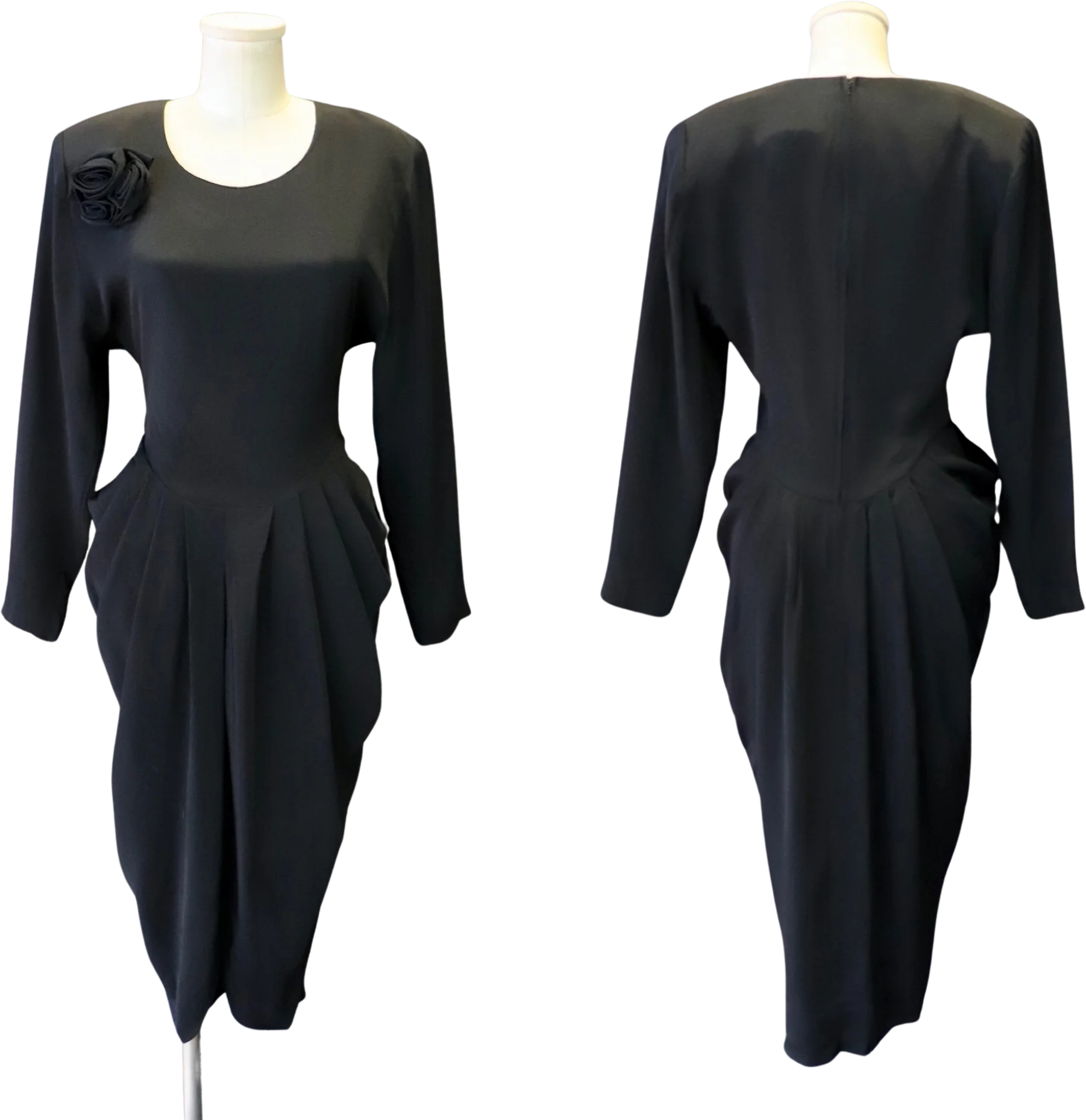 80s 40s Style Black Wiggle Pencil Draped Ruffled Dress By Hearts