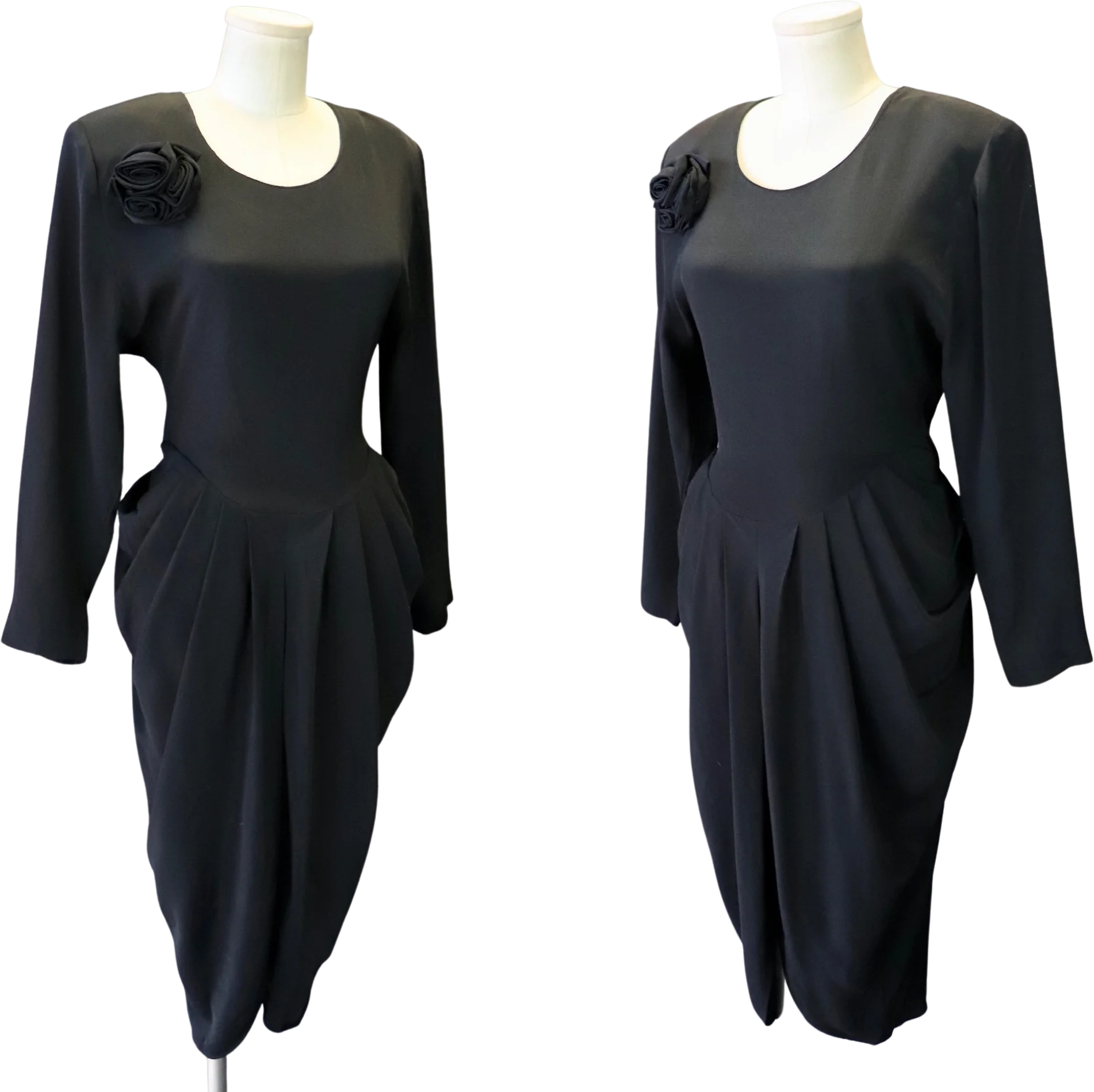 80s 40s Style Black Wiggle Pencil Draped Ruffled Dress By Hearts - Image 2