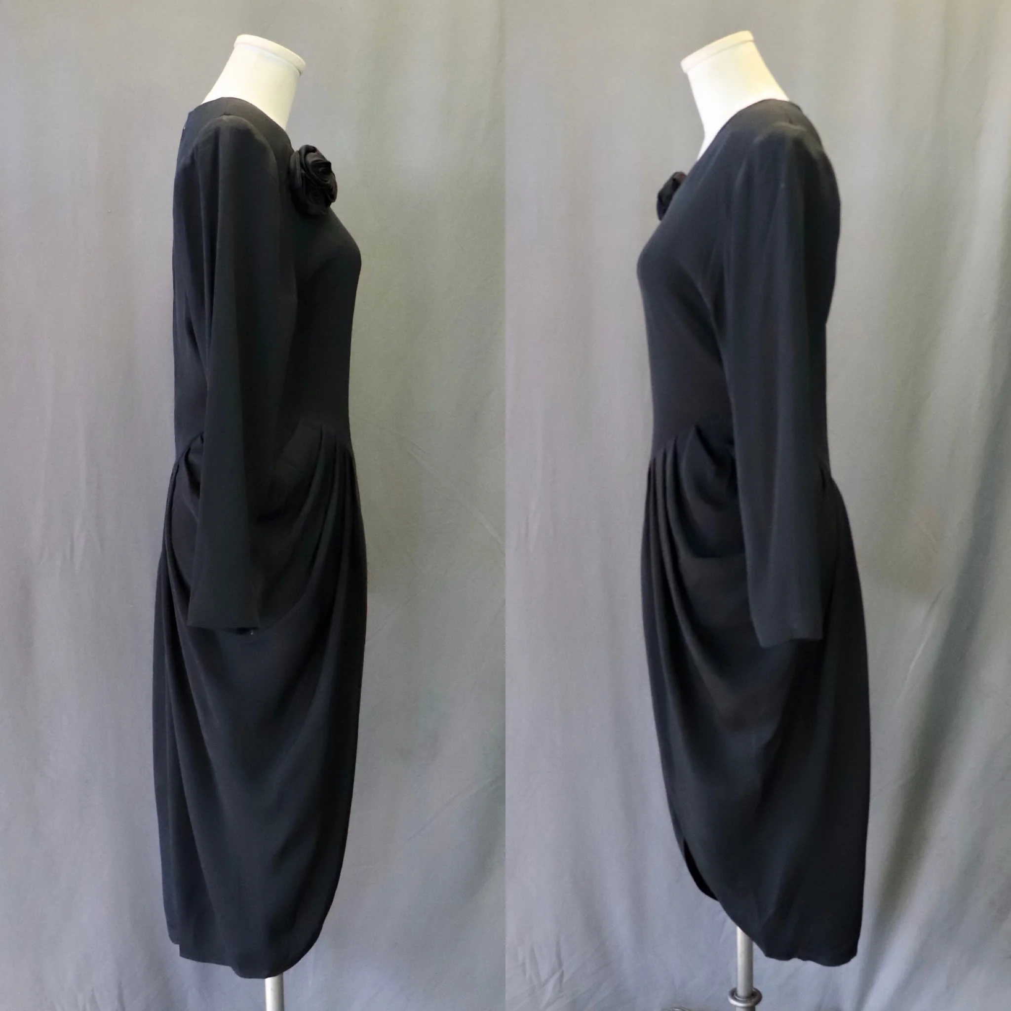 80s 40s Style Black Wiggle Pencil Draped Ruffled Dress By Hearts - Image 3