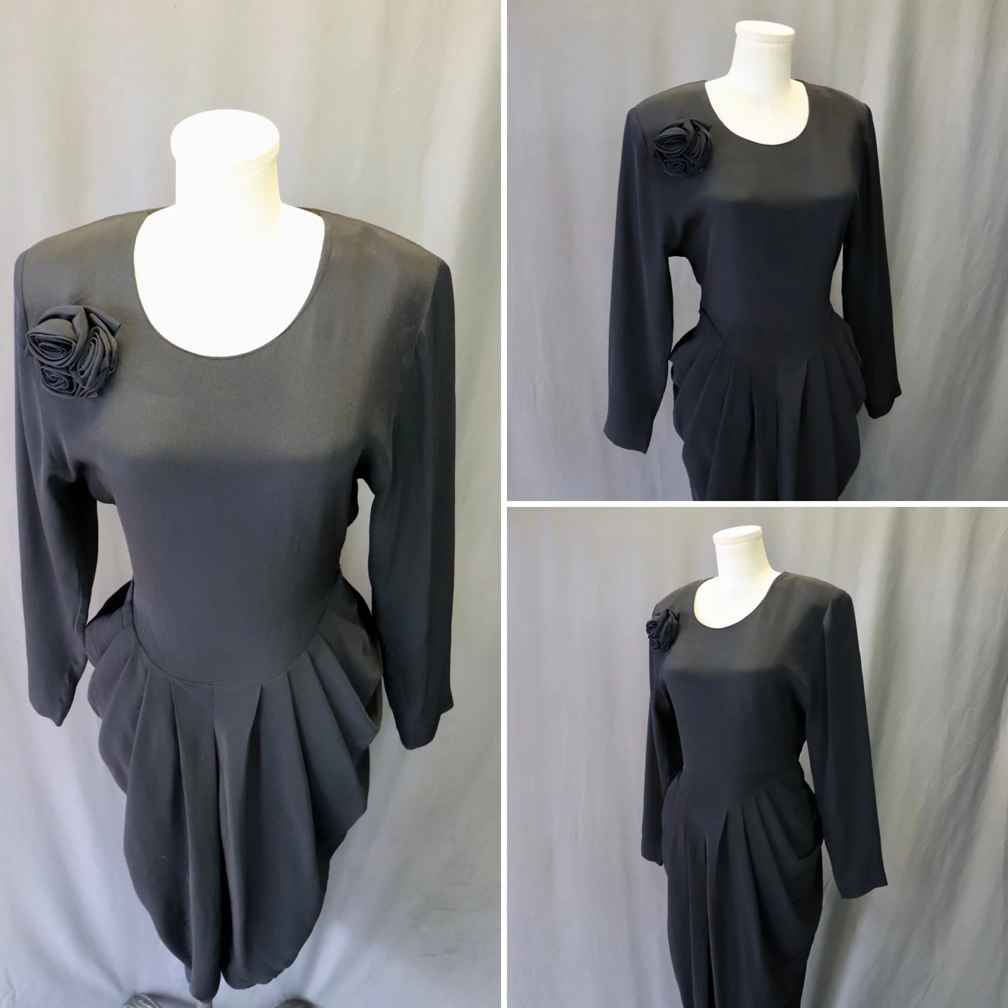 80s 40s Style Black Wiggle Pencil Draped Ruffled Dress By Hearts - Image 4