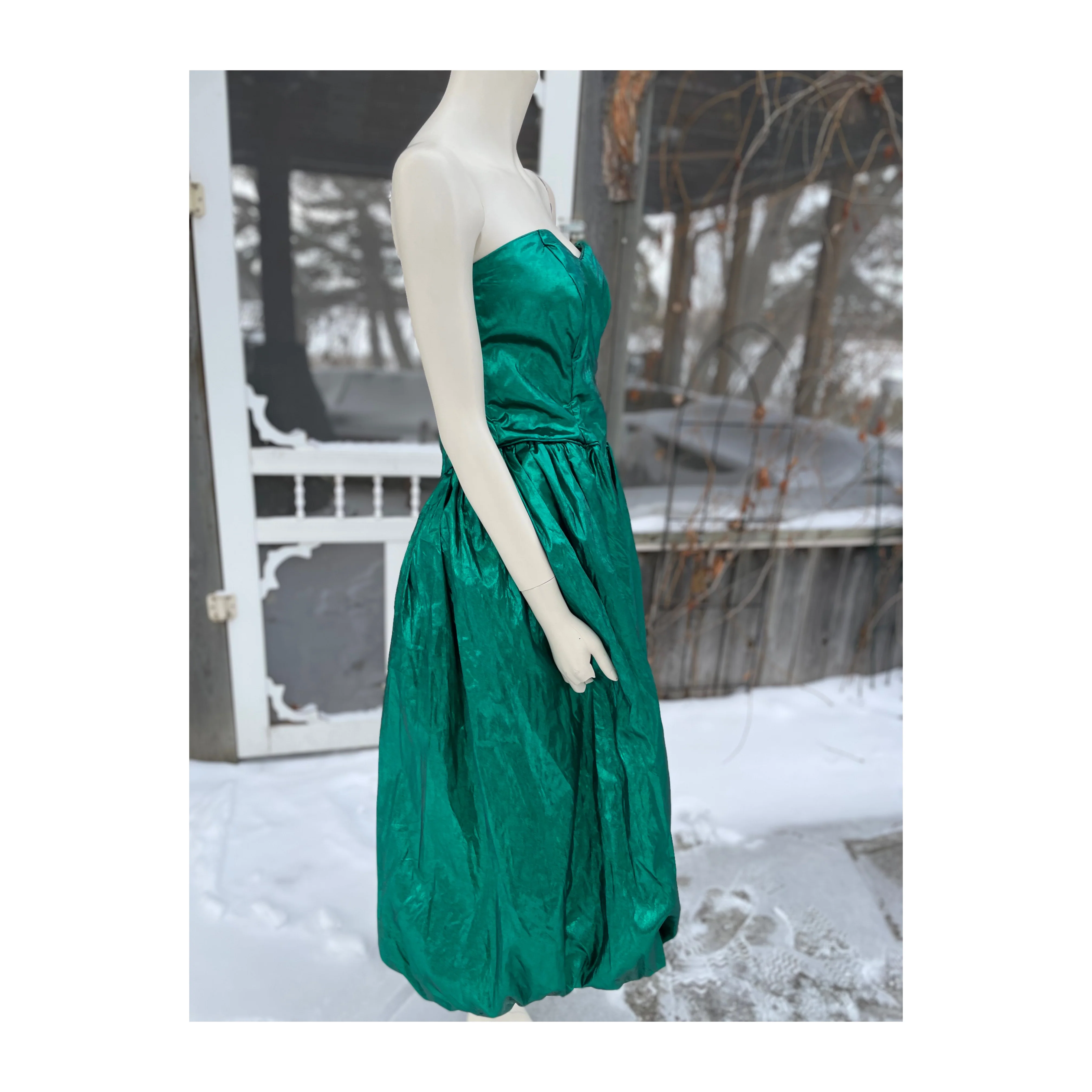 80s Emerald Green Lamé Metallic Foil Formal Dress - Image 10