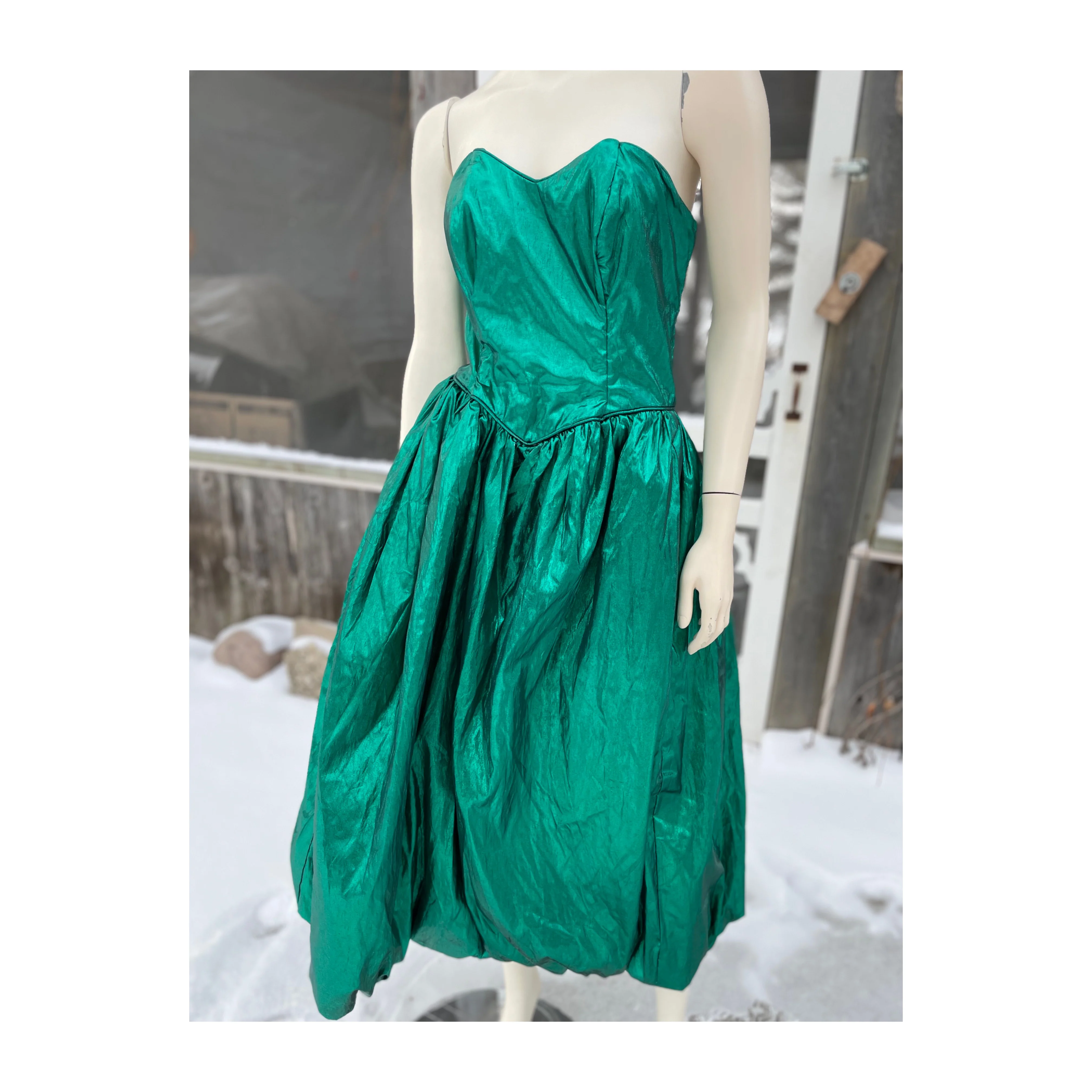 80s Emerald Green Lamé Metallic Foil Formal Dress - Image 3