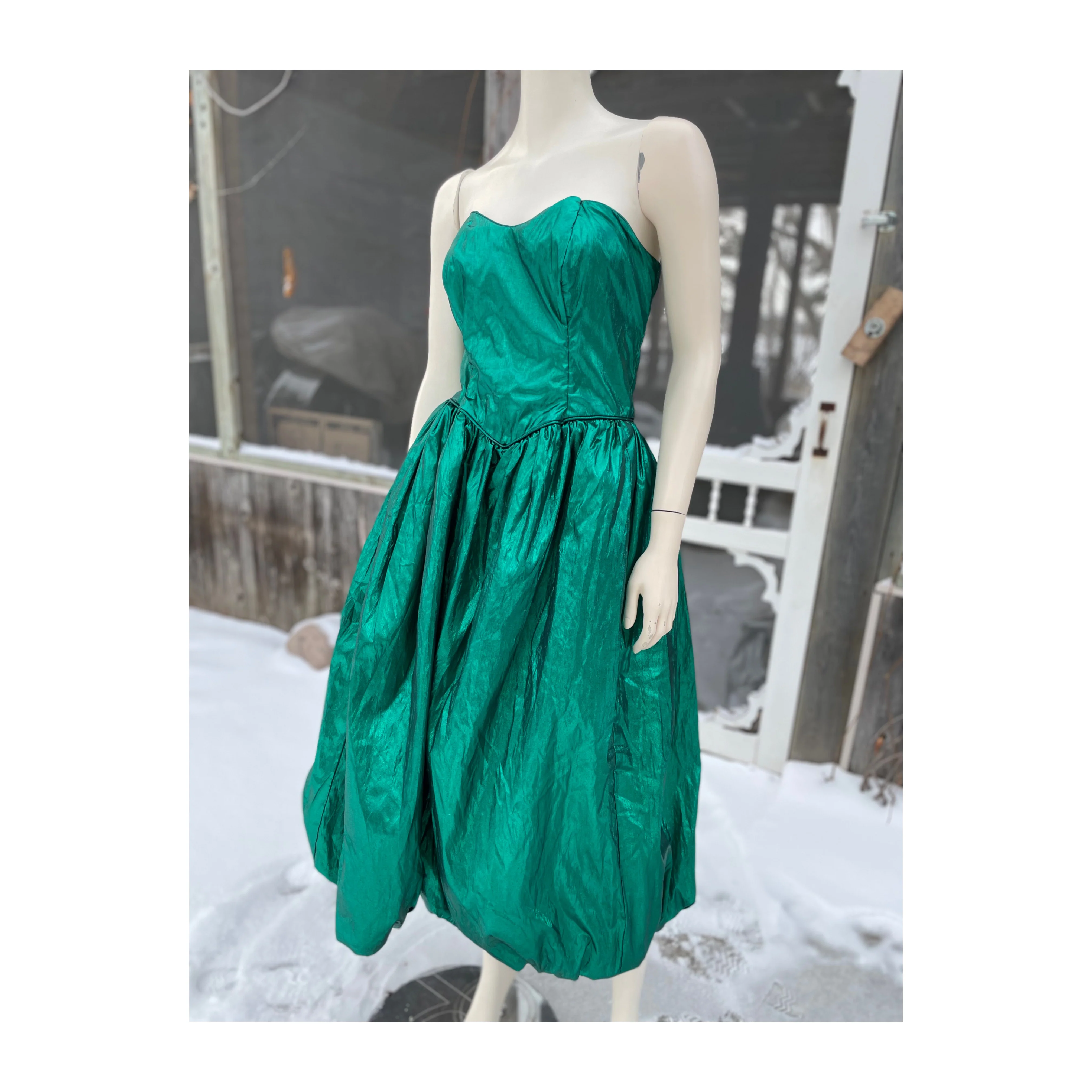 80s Emerald Green Lamé Metallic Foil Formal Dress - Image 4