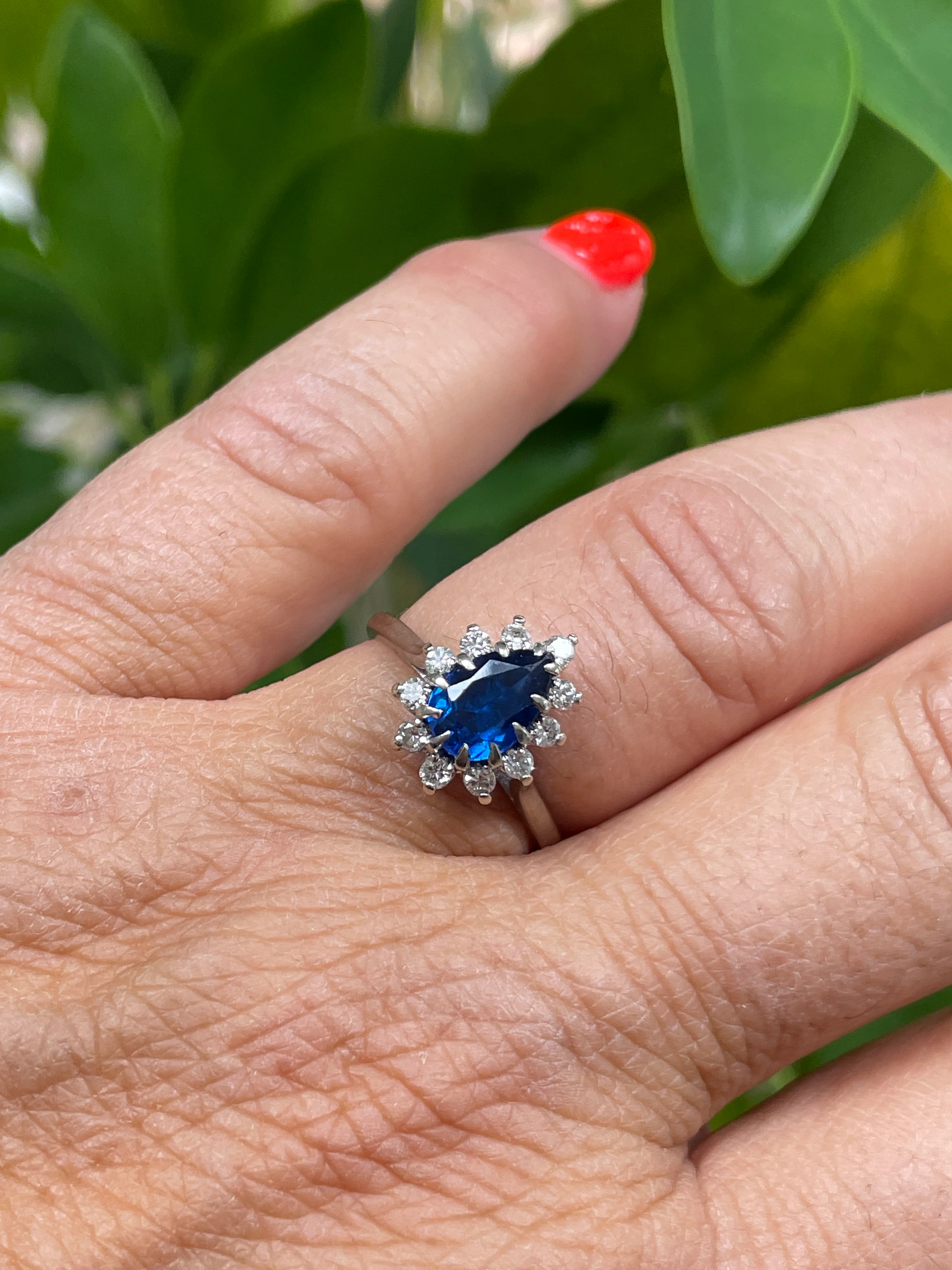 80s/90s 14k Diamond And Sapphire Pear Shaped Halo Ring - Image 3