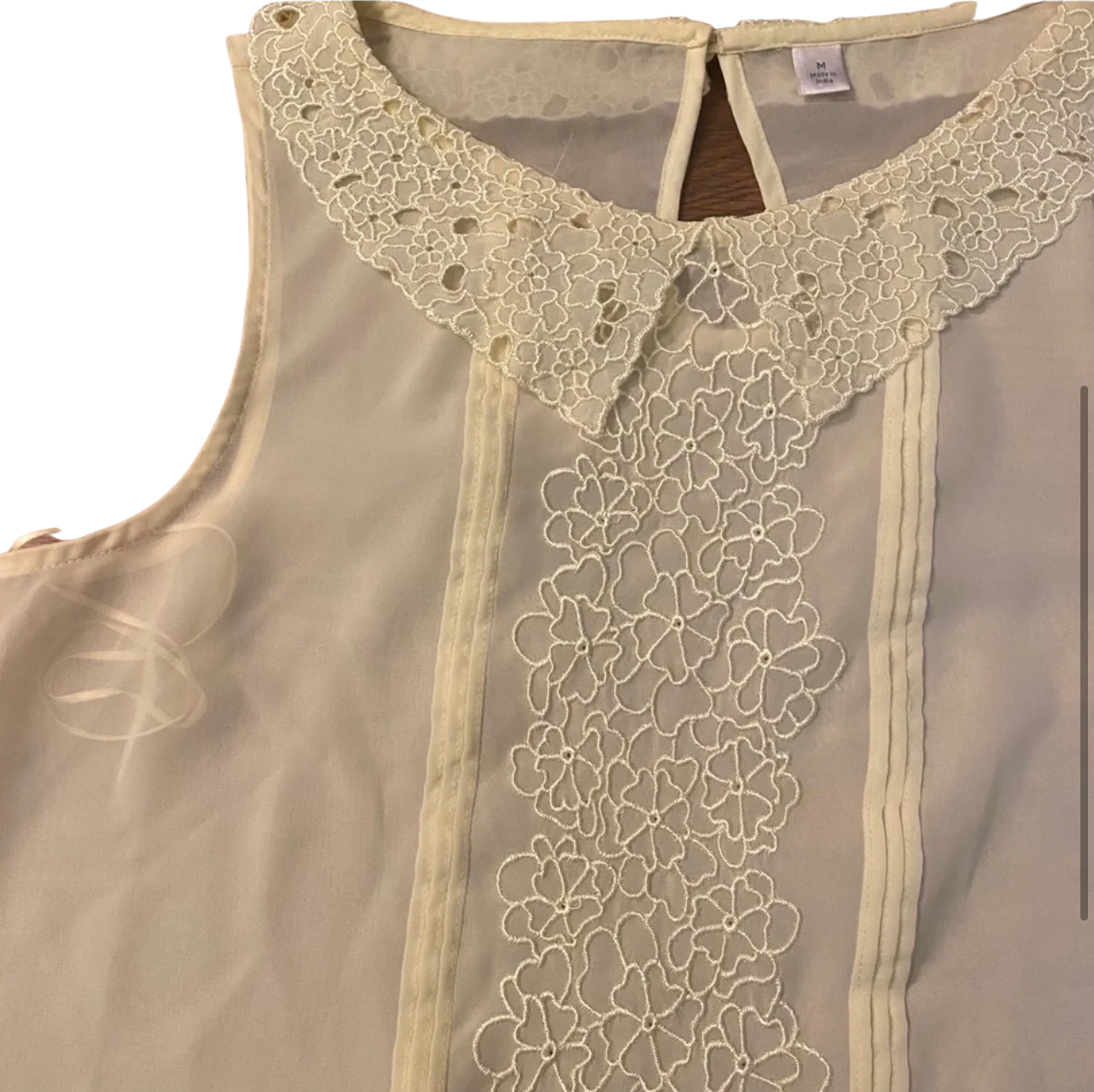 80s/90s 50s Inspired Yellow Sheer Sleeveless Blouse Medium - Image 2