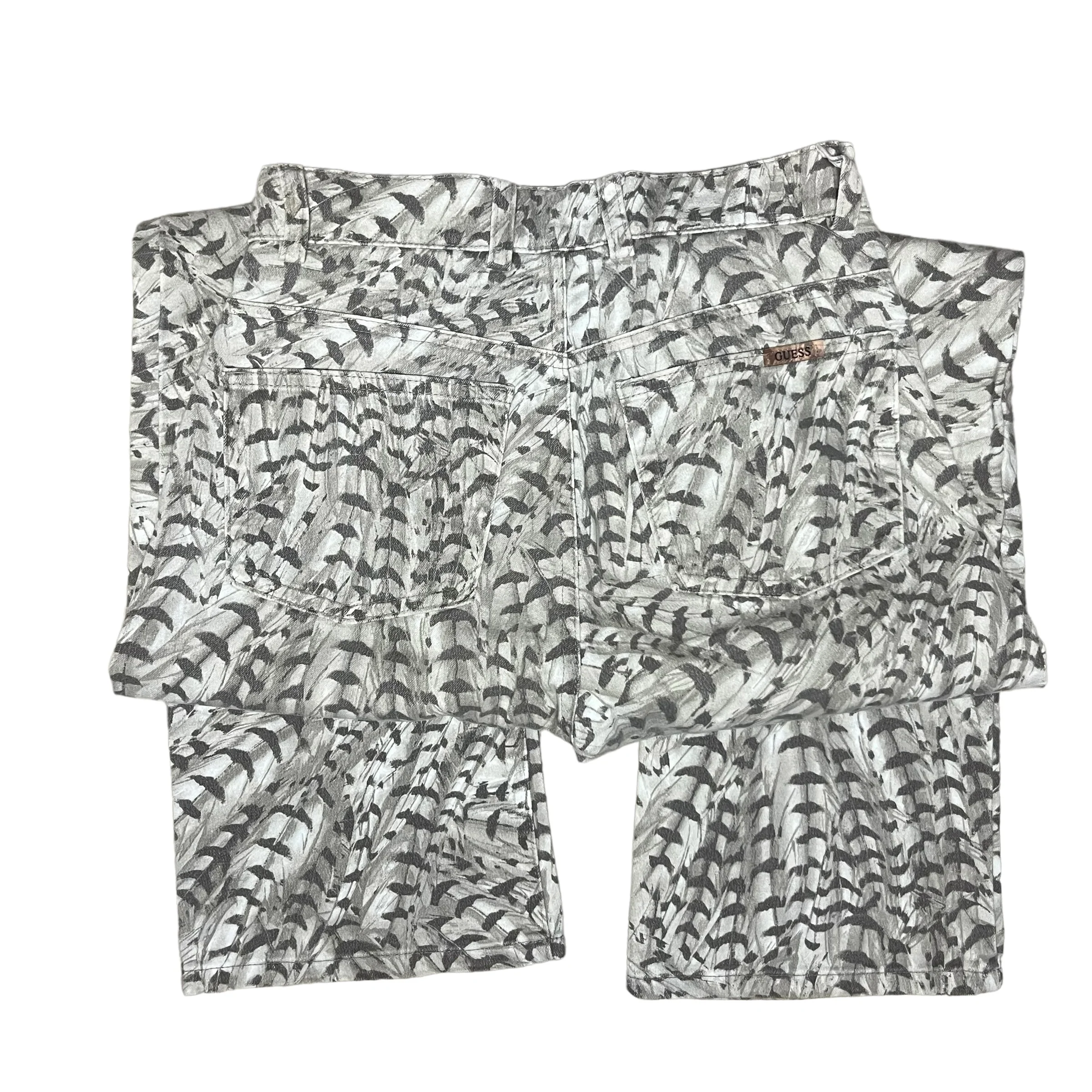 80s/90s Abstract Feather Print Bootcut Bikercore Jeans By Guess - Image 4