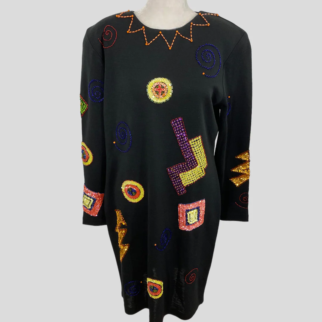 80s/90s Abstract Multicolor Sequin Black Shift Dress By Liz Claiborne - Image 9