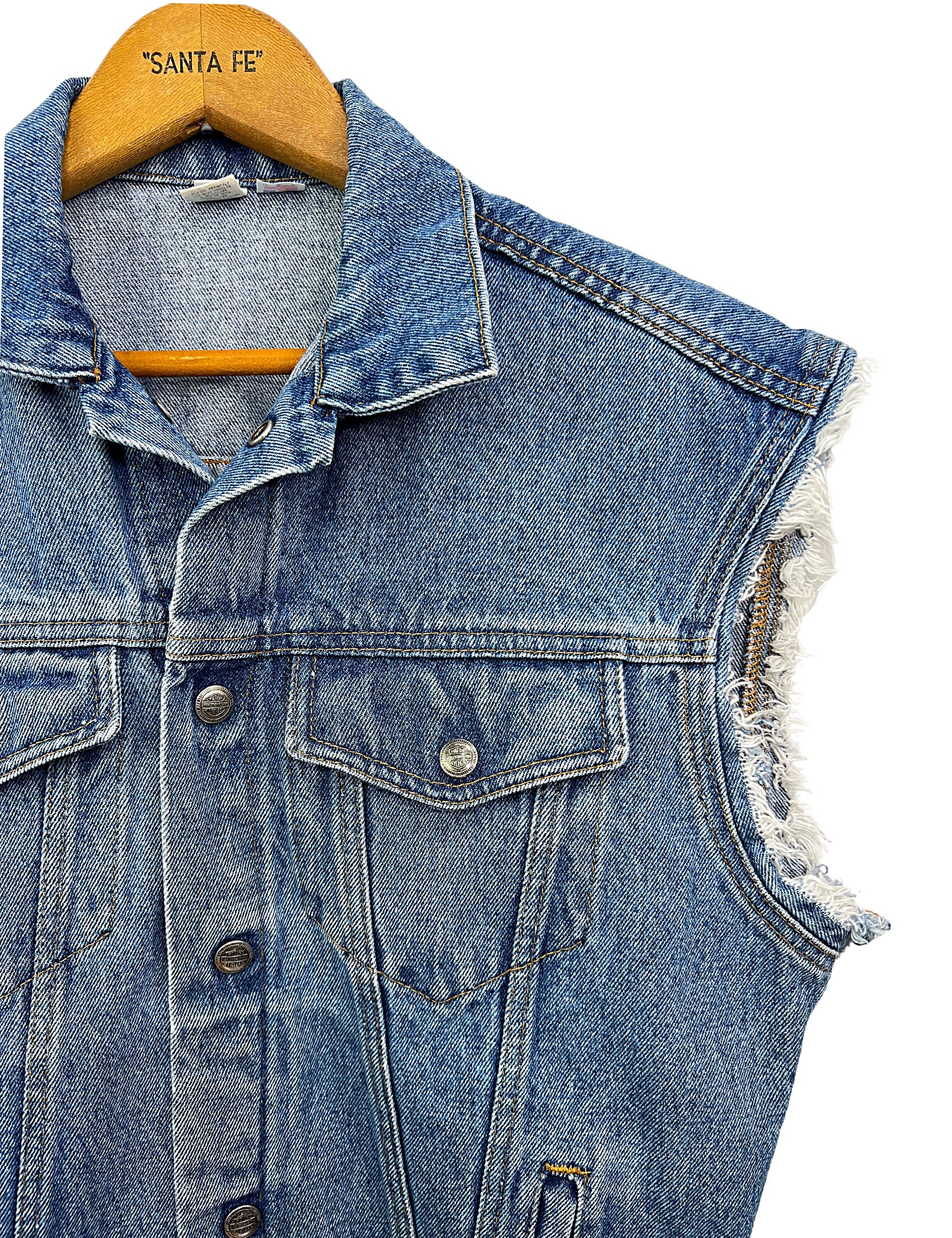 80s/90s American Flag Motorcycles Denim Biker Vest By Harley Davidson - Image 3