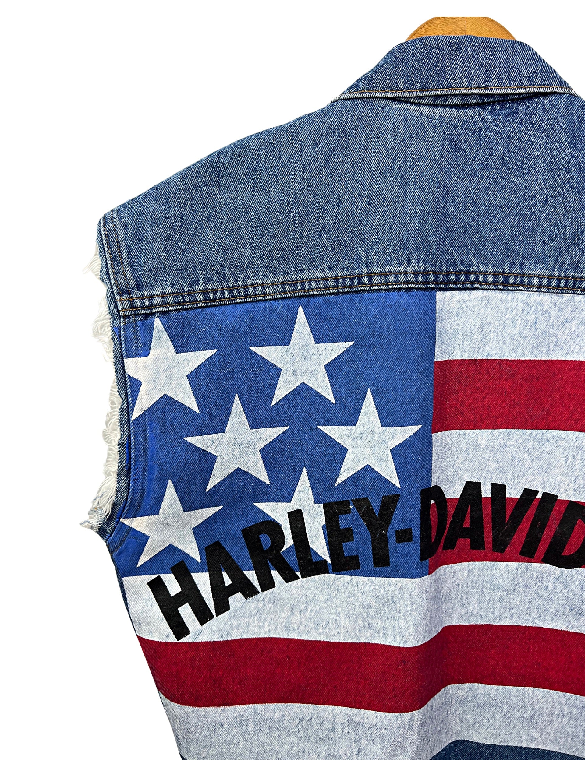80s/90s American Flag Motorcycles Denim Biker Vest By Harley Davidson - Image 4