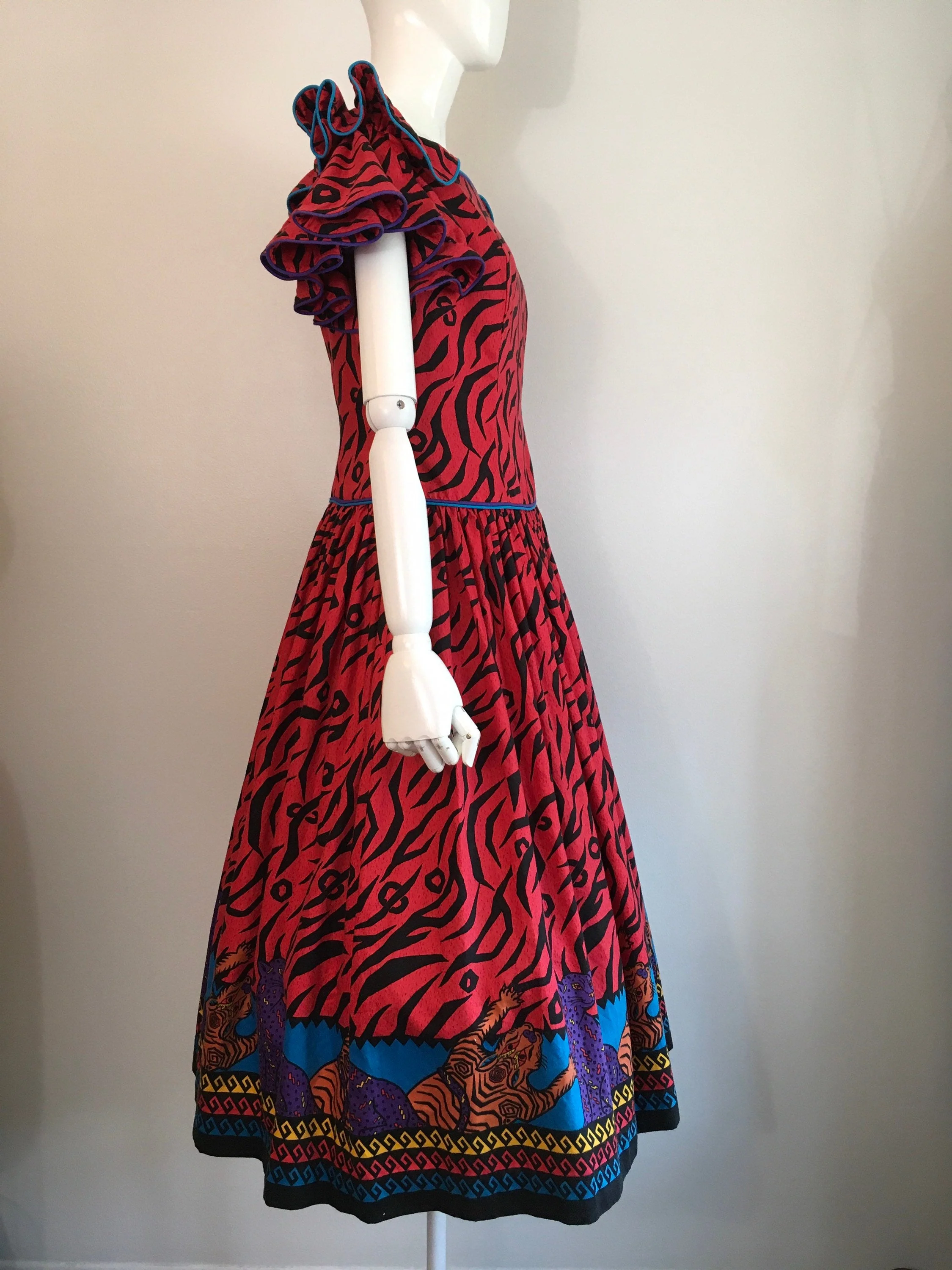 80's/90's Animal Cat Border Print Off Shoulder Party Dress by Antonia Collection - Image 3