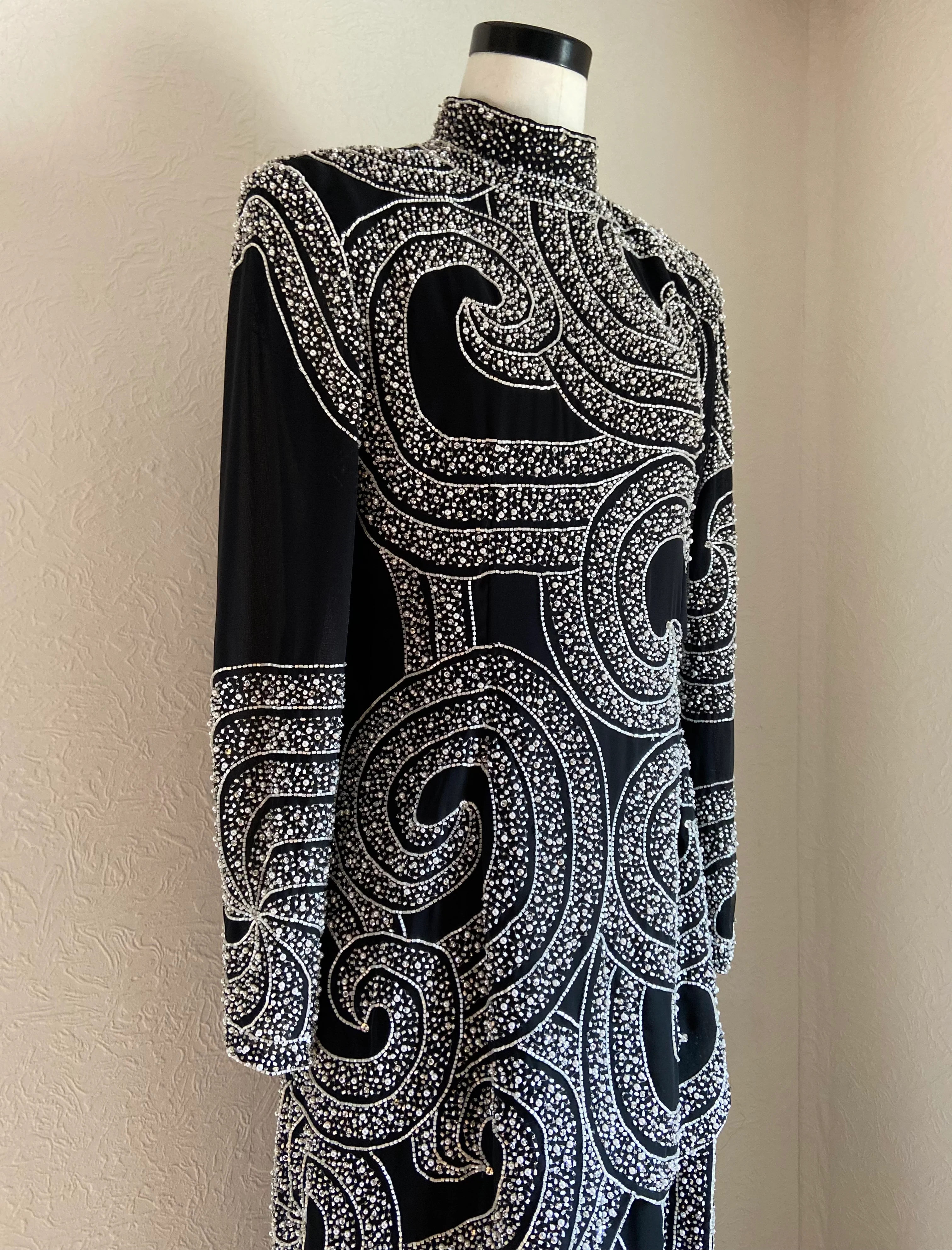 80s/90s Beaded Sequined Tiered Sheath Chiffon Gown By Victoria Royal Ltd - Image 3