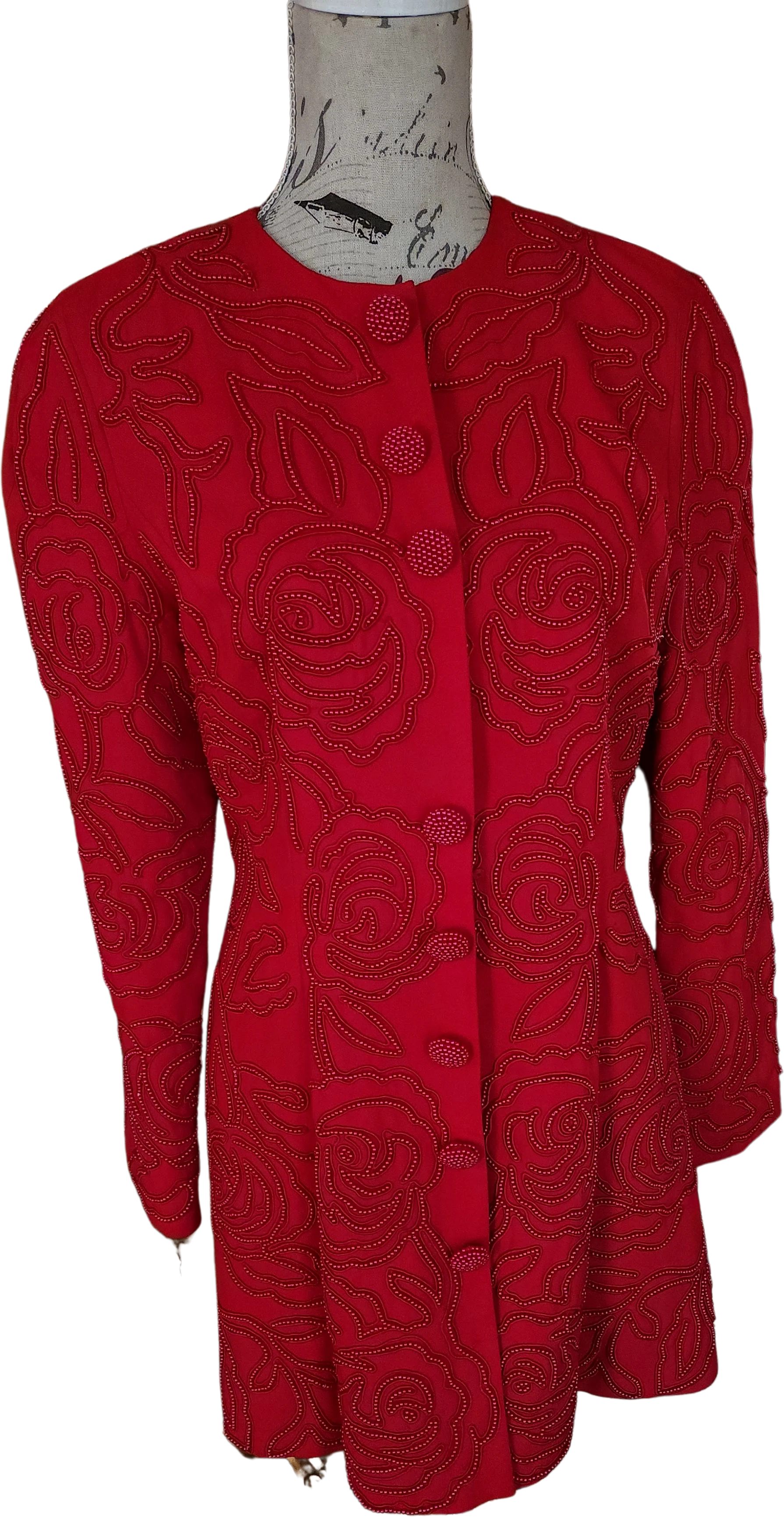 80s/90s Beautiful Red Beaded Floral Long Blazer By Marie St. Claire for Caché