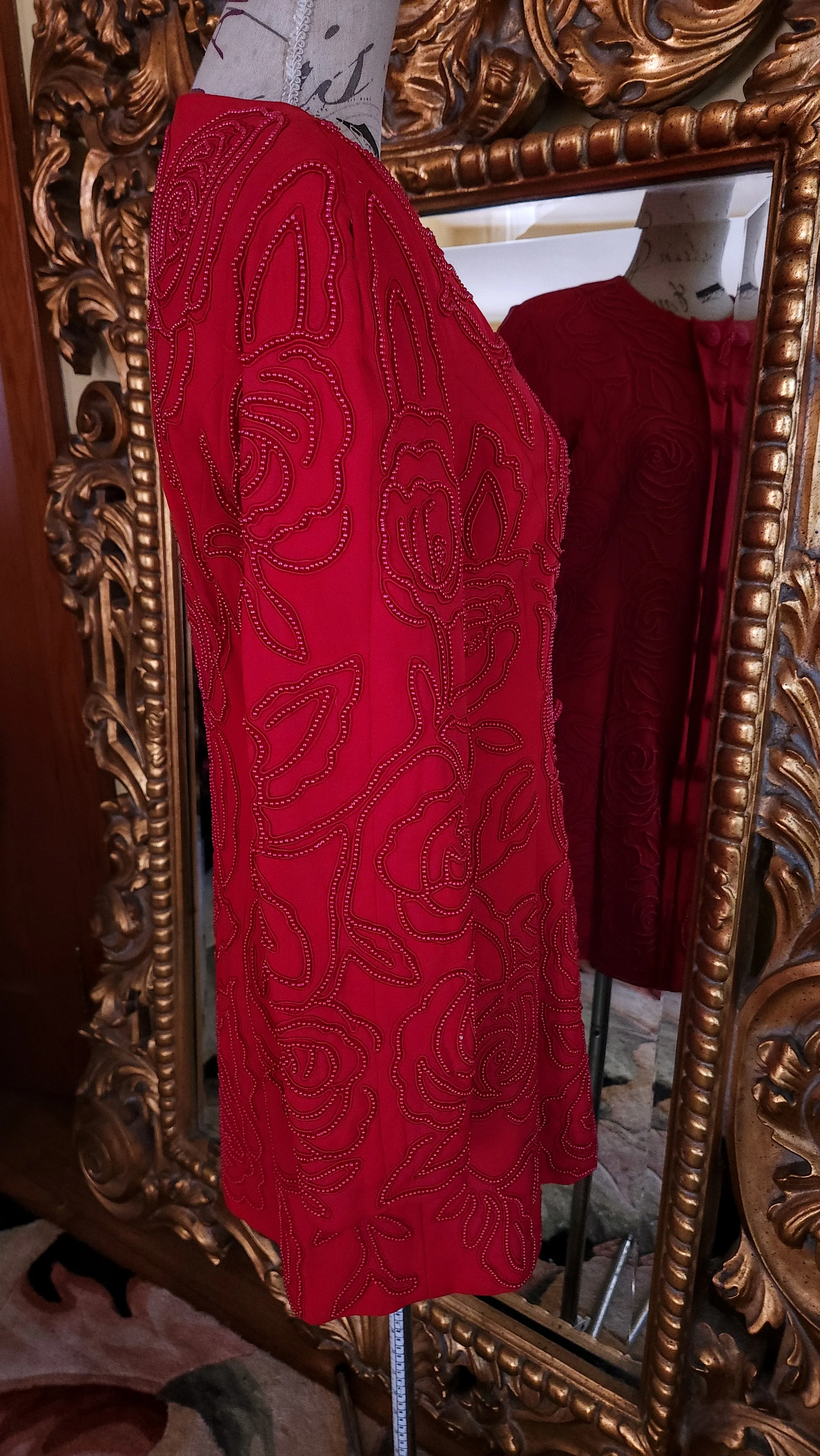 80s/90s Beautiful Red Beaded Floral Long Blazer By Marie St. Claire for Caché - Image 3